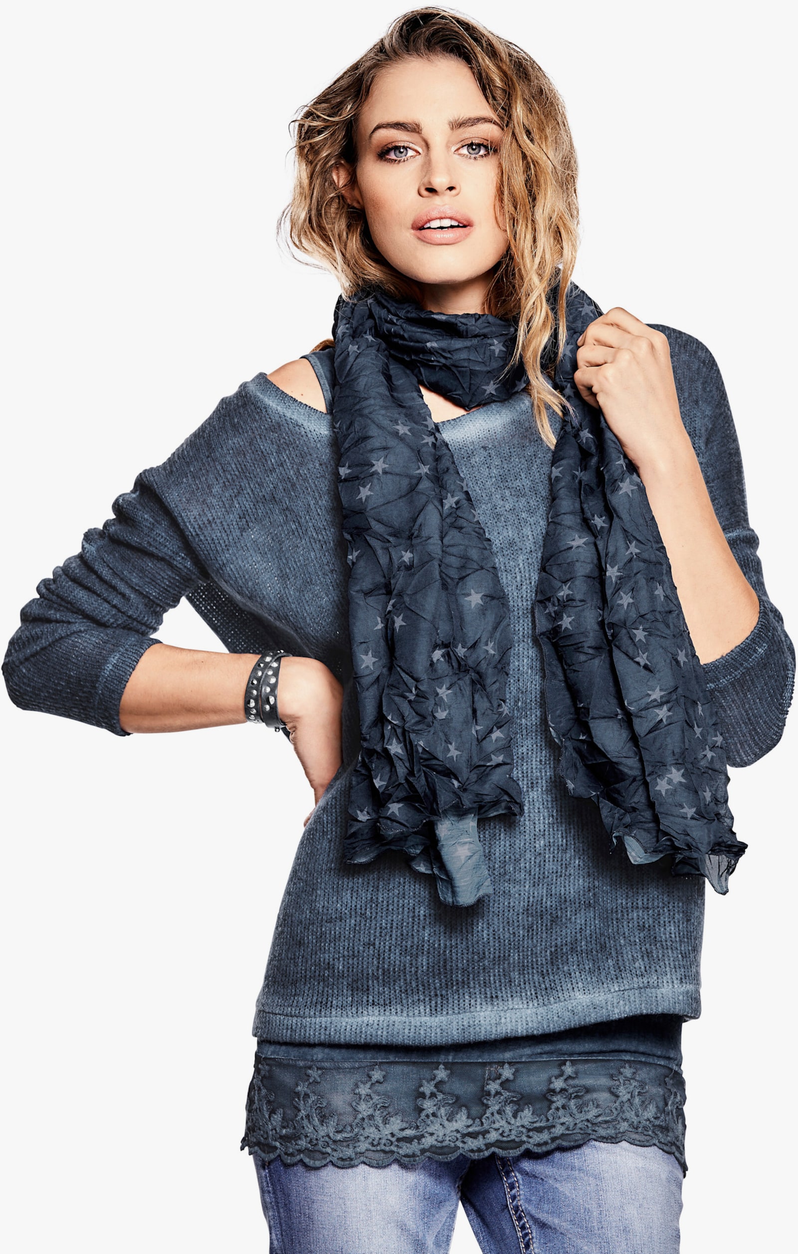 heine 2-in-1-Shirt mit Schal - blau