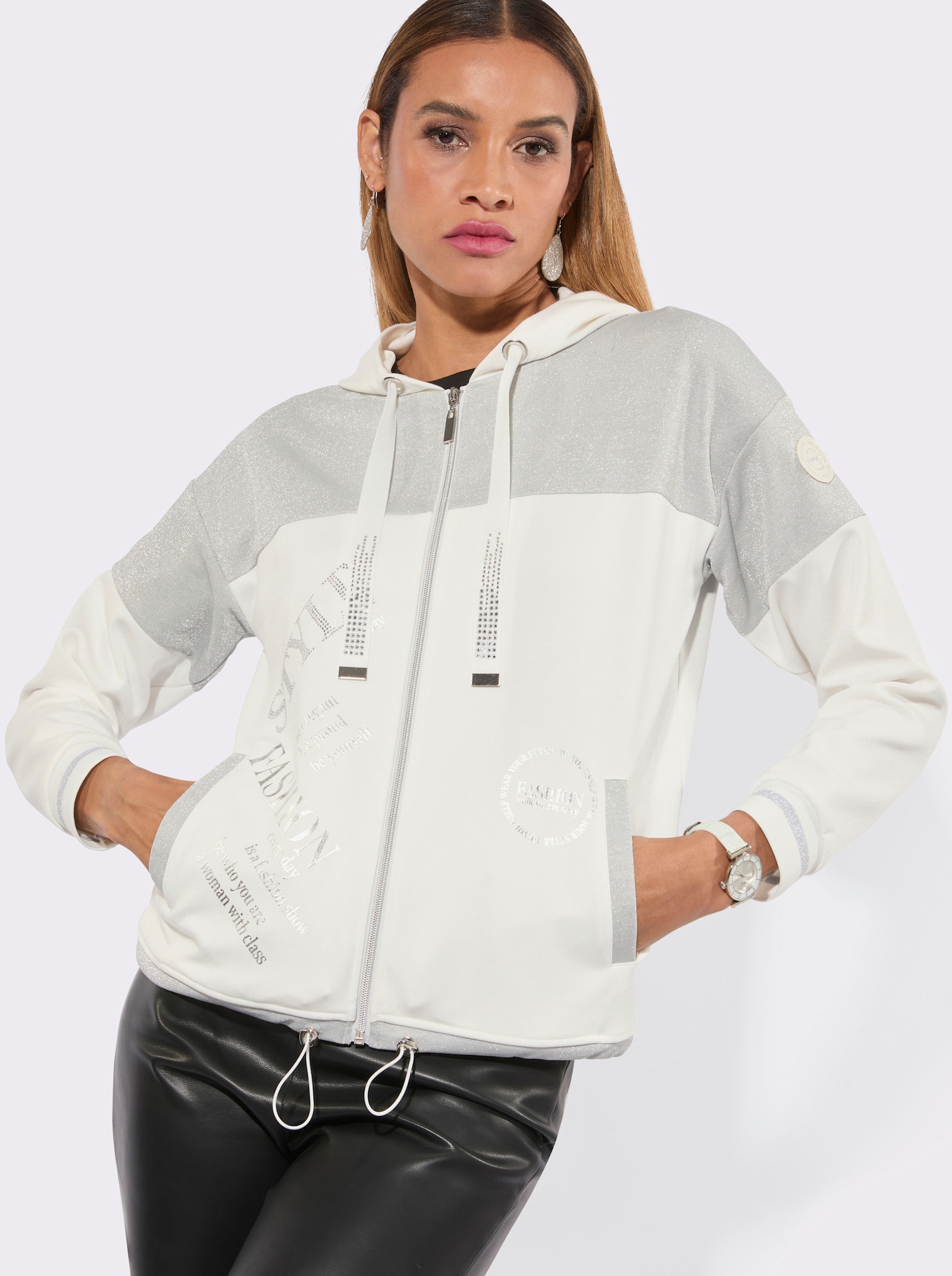 Sweatjacke im softweichen Modal-Mix - ecru-silberfarben