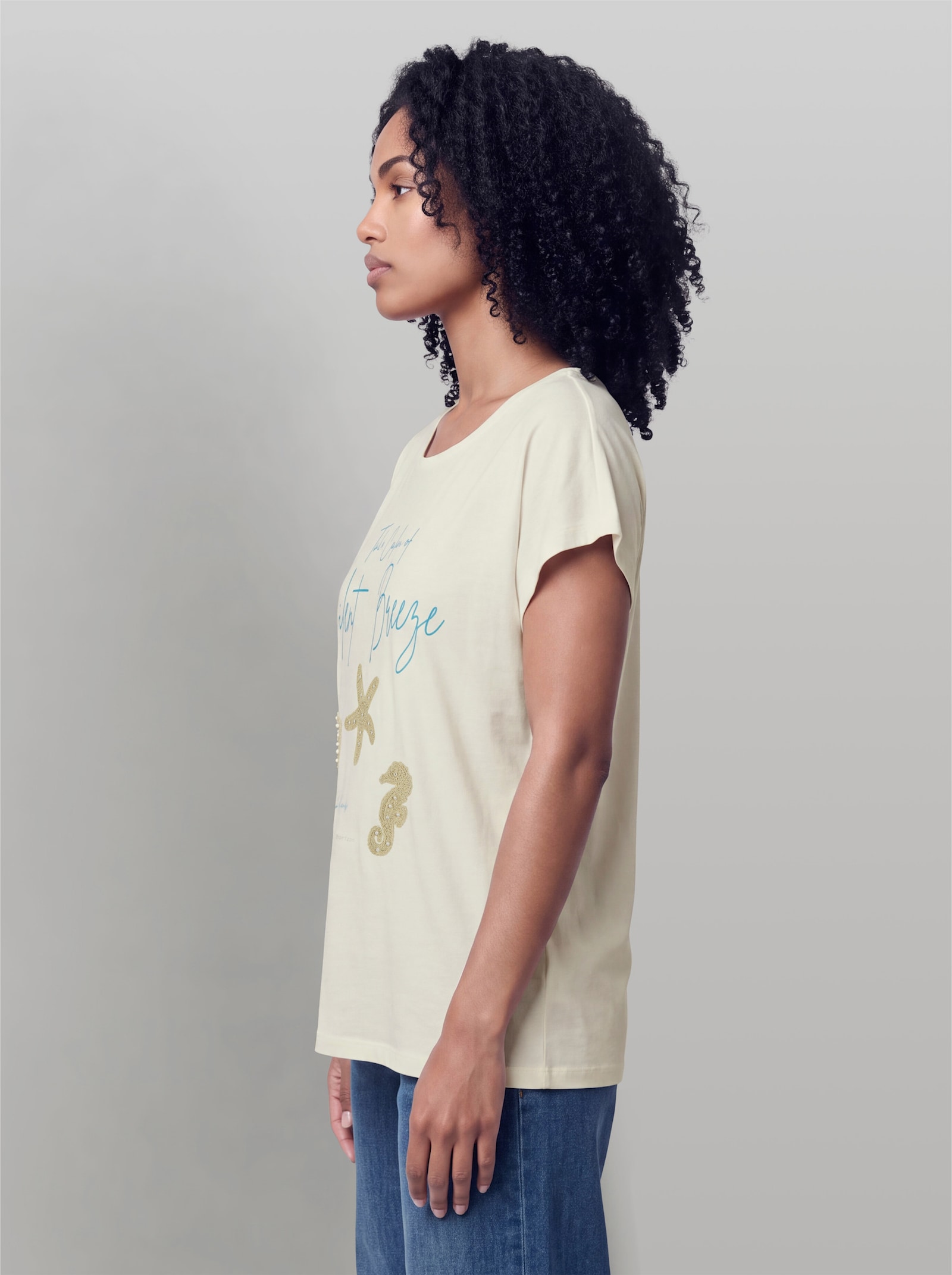 heine Kurzarmshirt mit Zierperlen - ecru-sand-gemustert