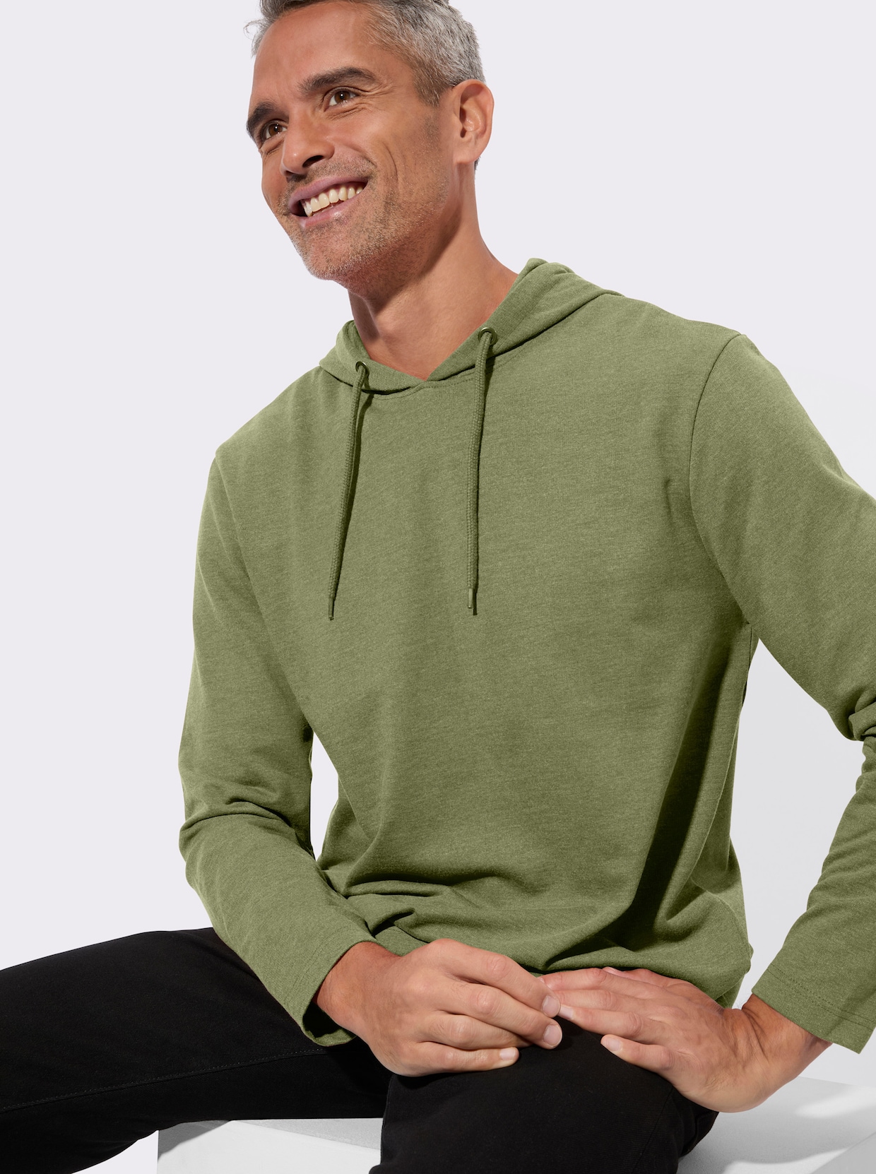 Mikina s kapucí a páskem na zavázání - rákosová-melír