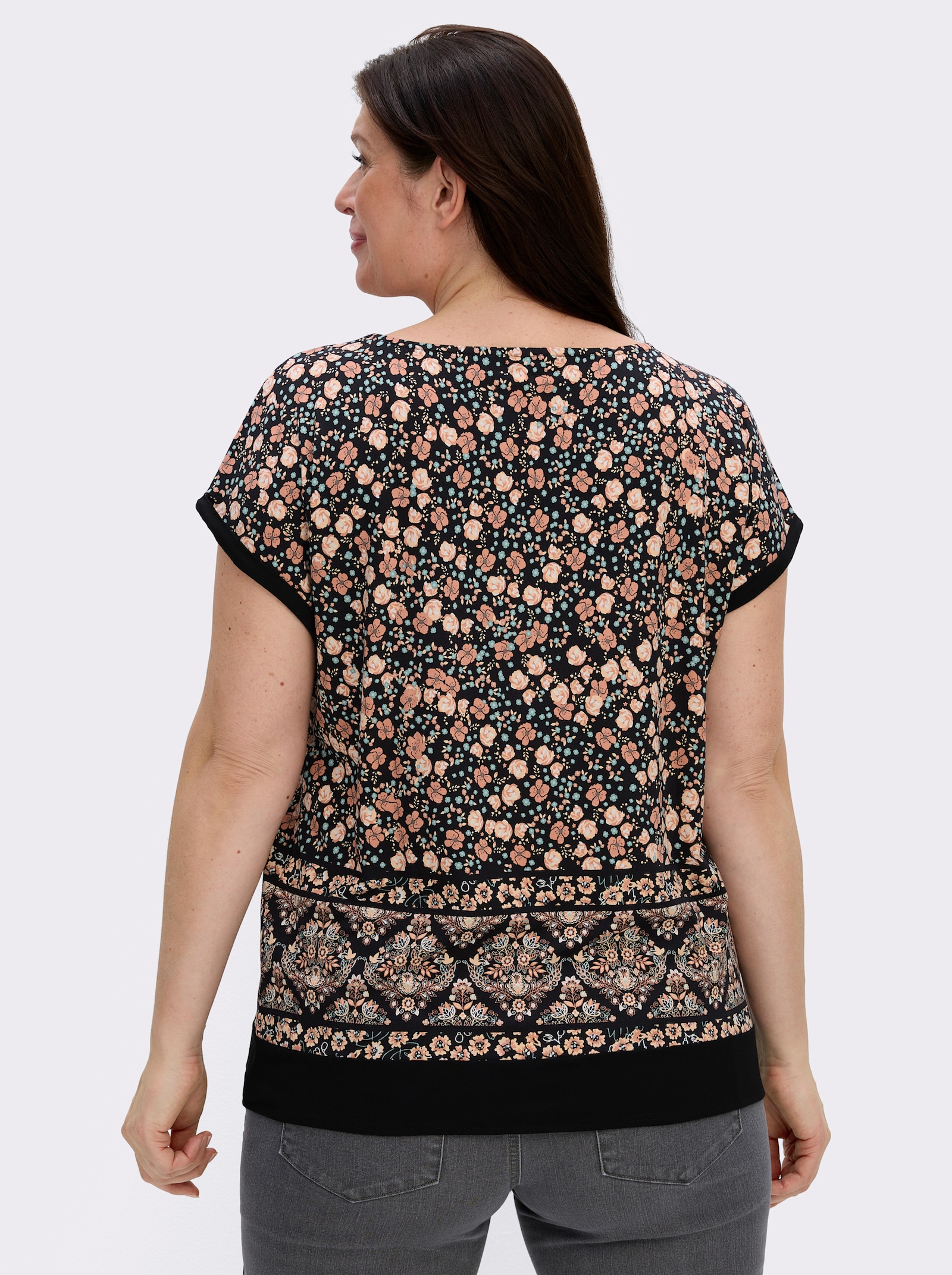 Kurzarmshirt mit Bindeband am Saum - papaya-schwarz-bedruckt