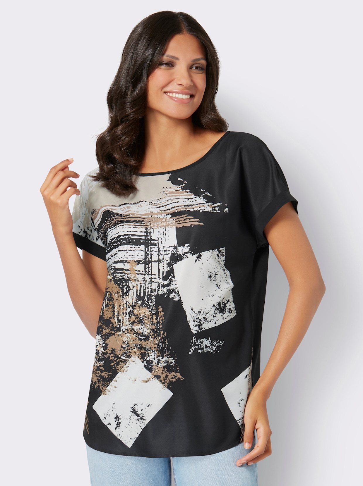 Comfortabele blouse - zwart/zand geprint