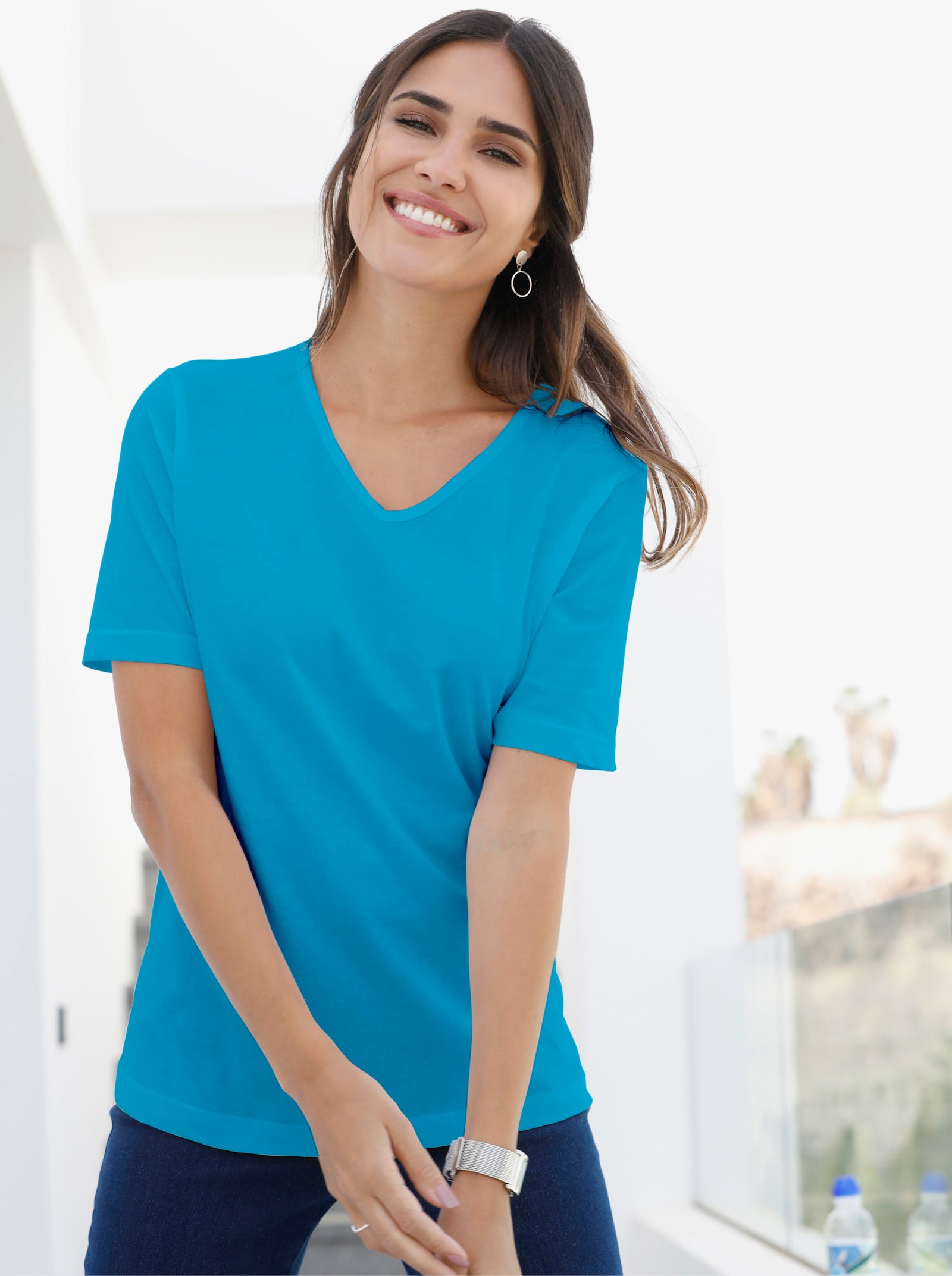 Shirt met korte mouwen en V-hals - turquoise