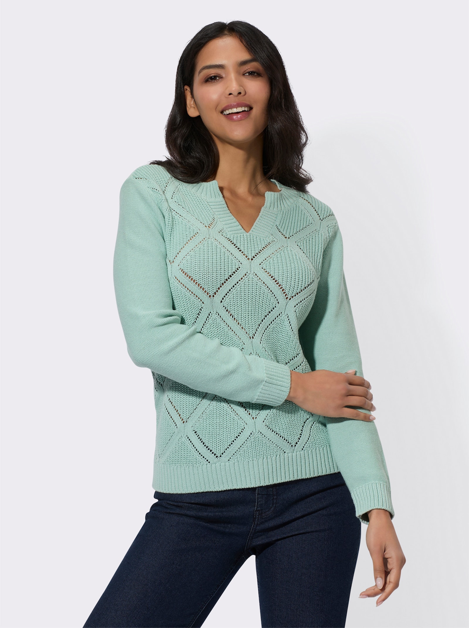 Ajourpullover im Rauten-Muster - kalkmint
