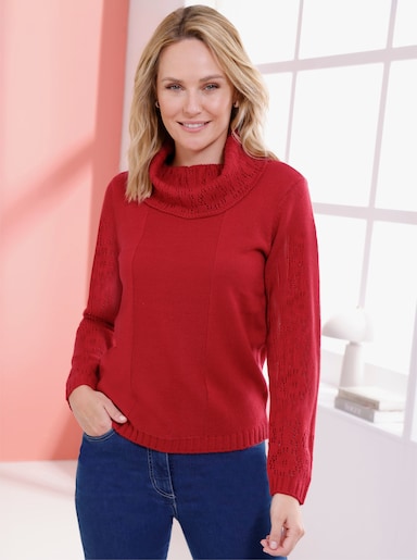Rollkragenpullover mit Ajourmuster - erdbeere