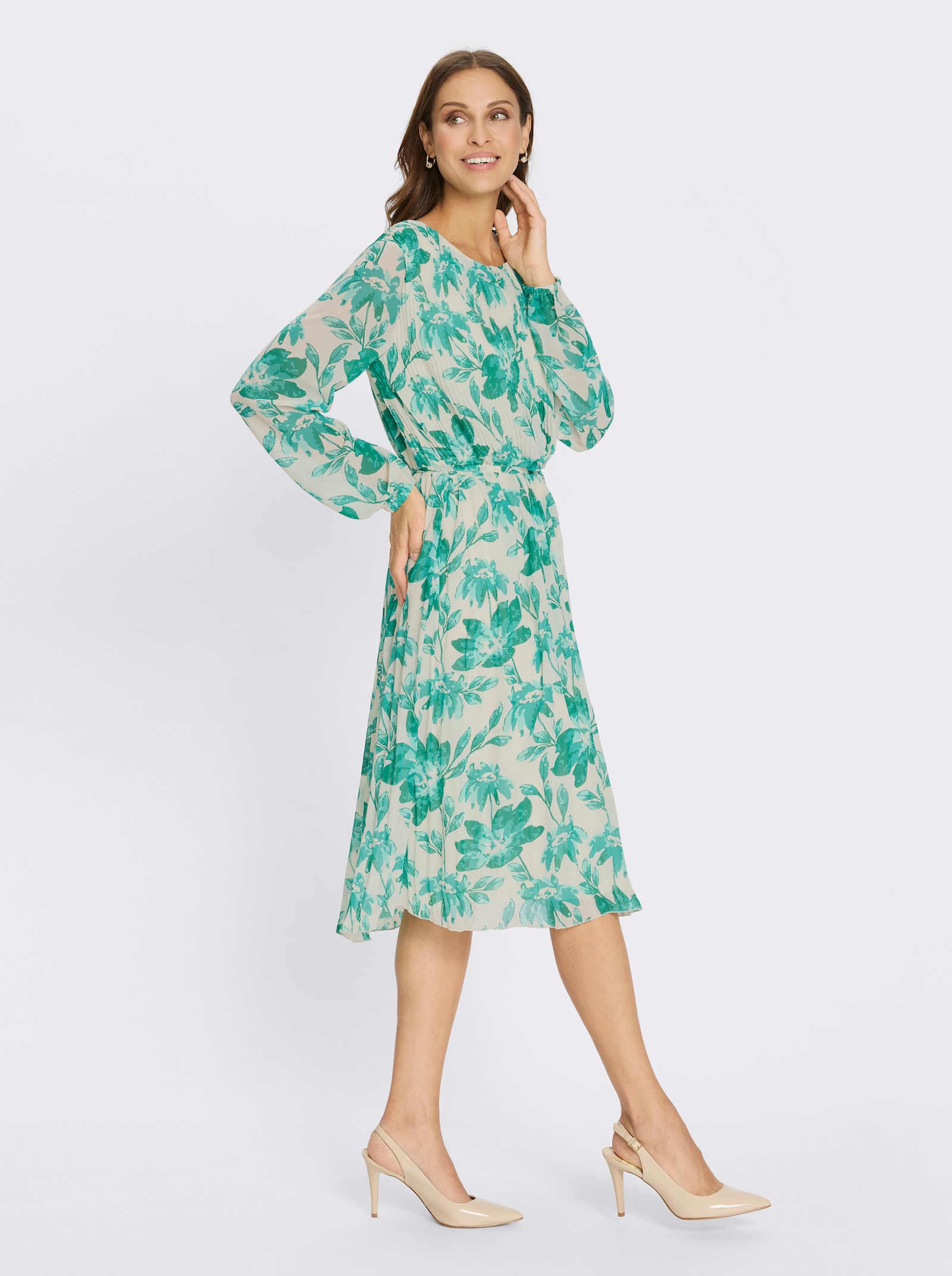 Plisseekleid mit abnehmbarem Bindegürtel - smaragd-champagner-bedruckt