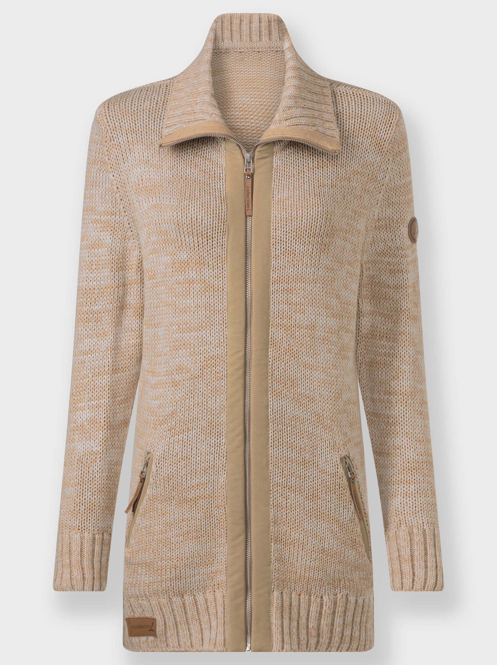 Longstrickjacke mit Troyerkragen - camel-ecru-meliert