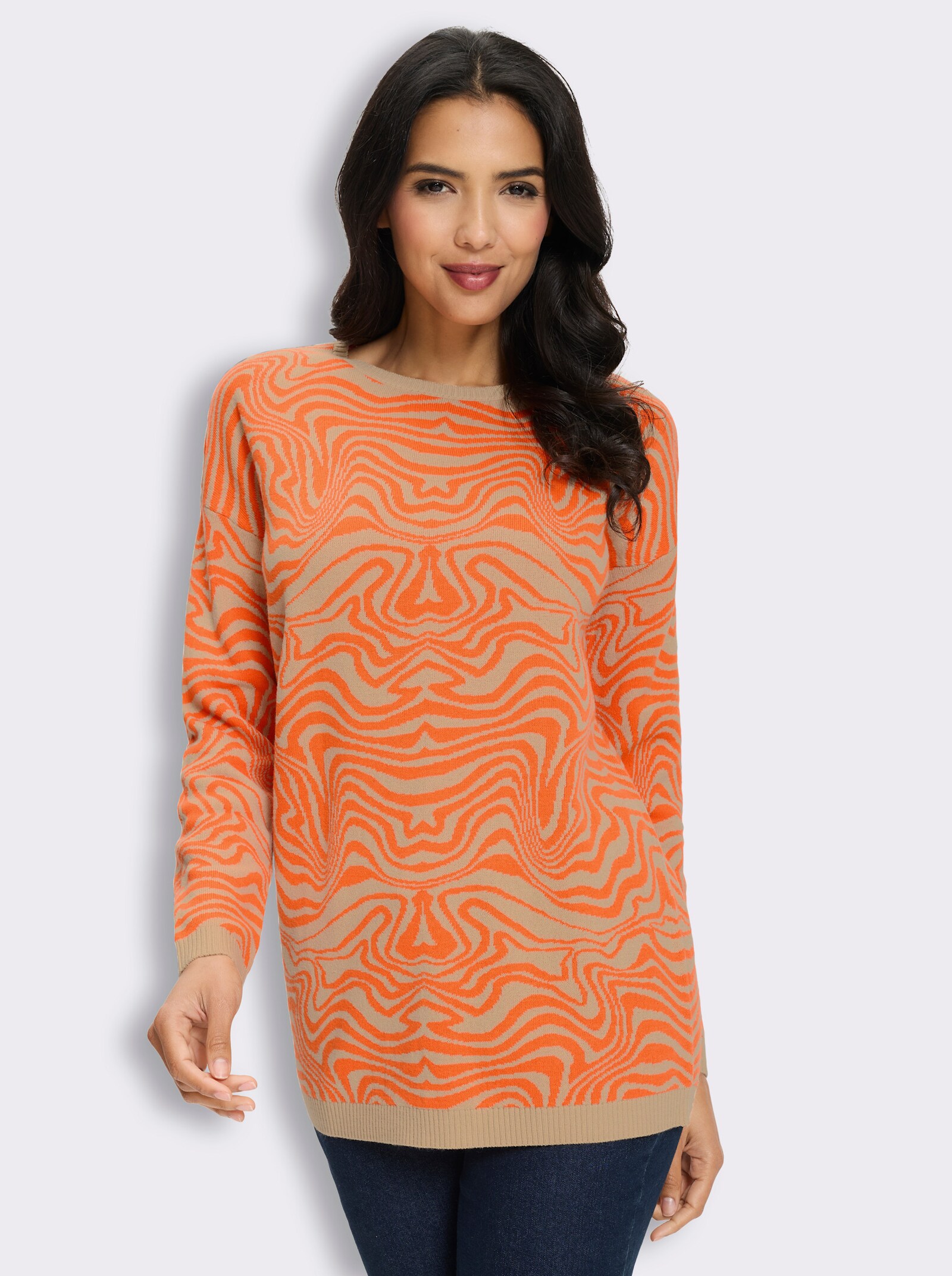 Longpullover mit Ripp-Abschlüssen - beige-orange-gemustert