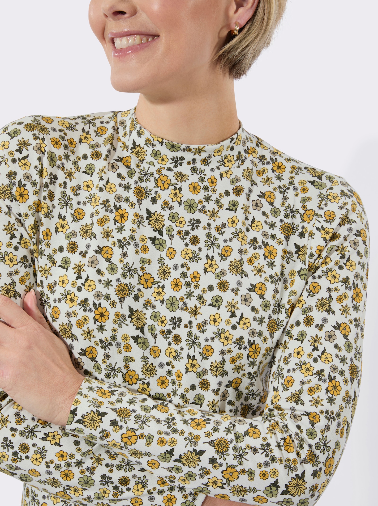 Stehkragenshirt im Minimal-Dessin - ecru-ocker-bedruckt