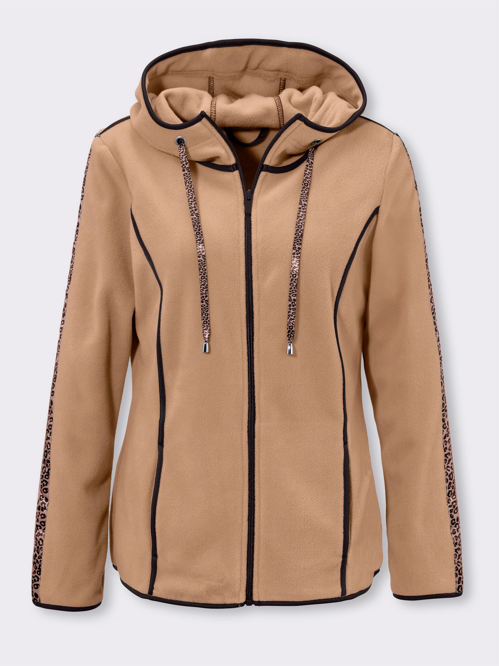 Fleecejacke mit gemusterten Zierbändern - camel-schwarz