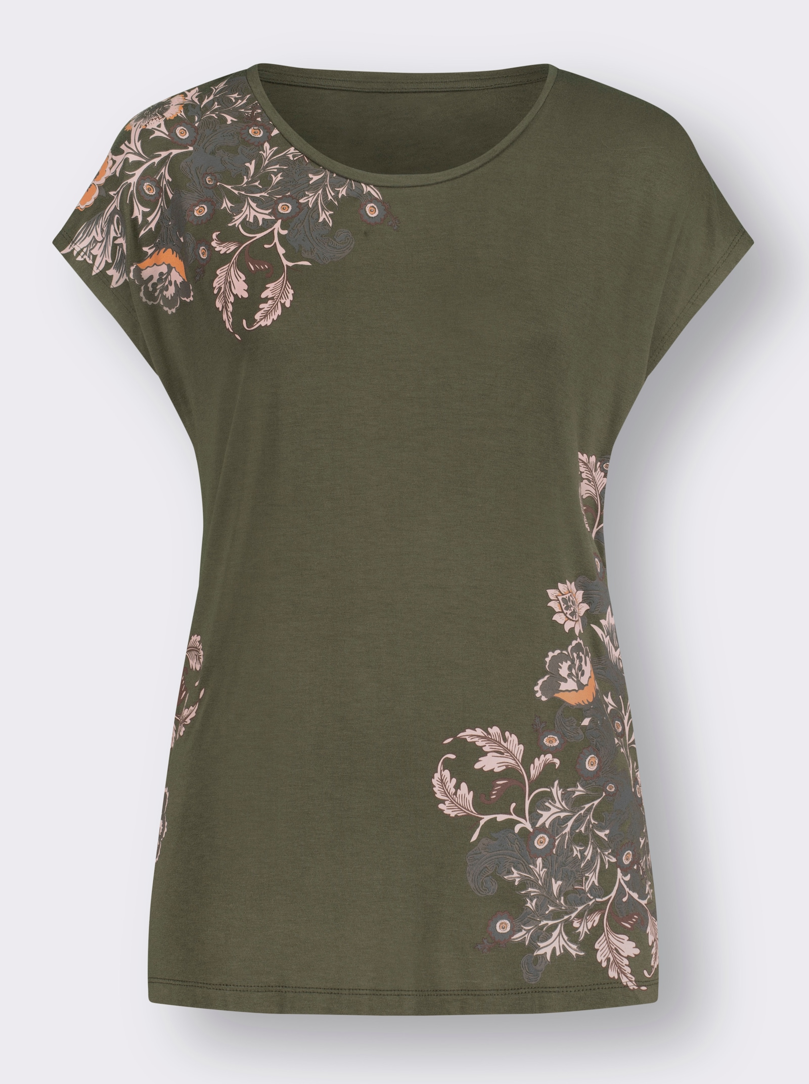 Rundhalsshirt mit Seitenschlitzen - khaki-papaya-bedruckt