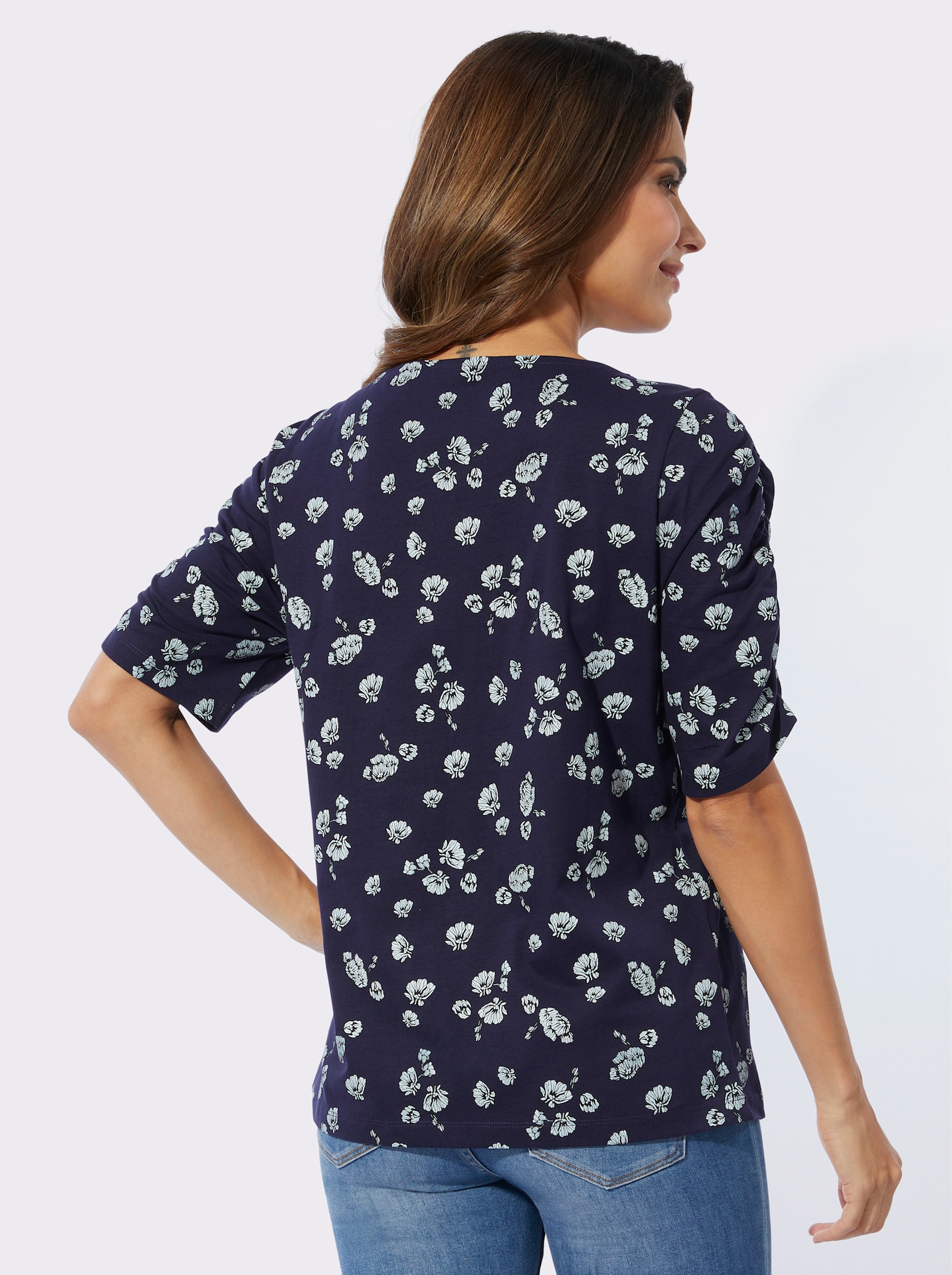 Kurzarmshirt mit Blumenmuster - marine-ecru-bedruckt