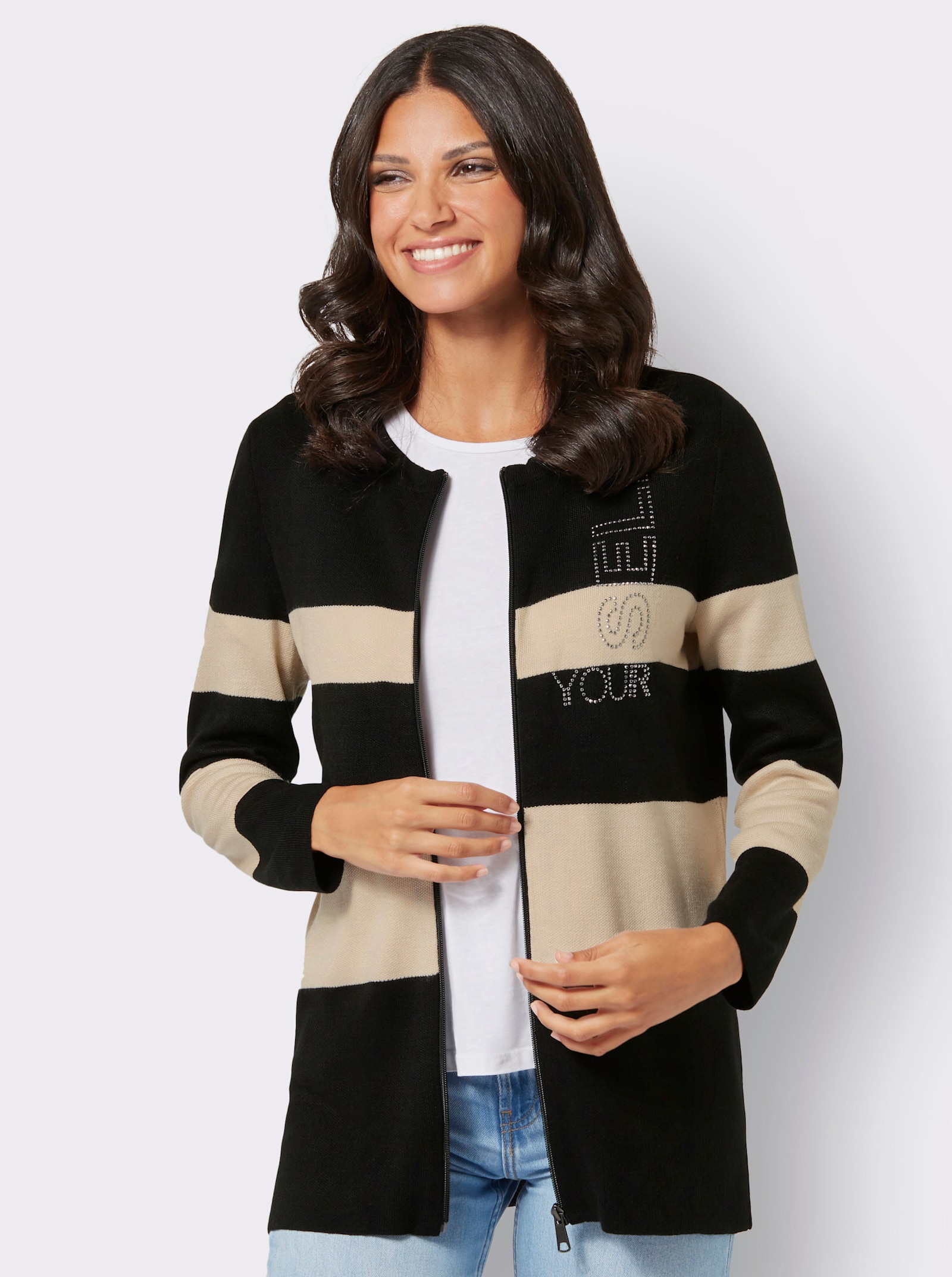 Longstrickjacke mit Glitzersteinchen - elfenbein-schwarz-gemustert