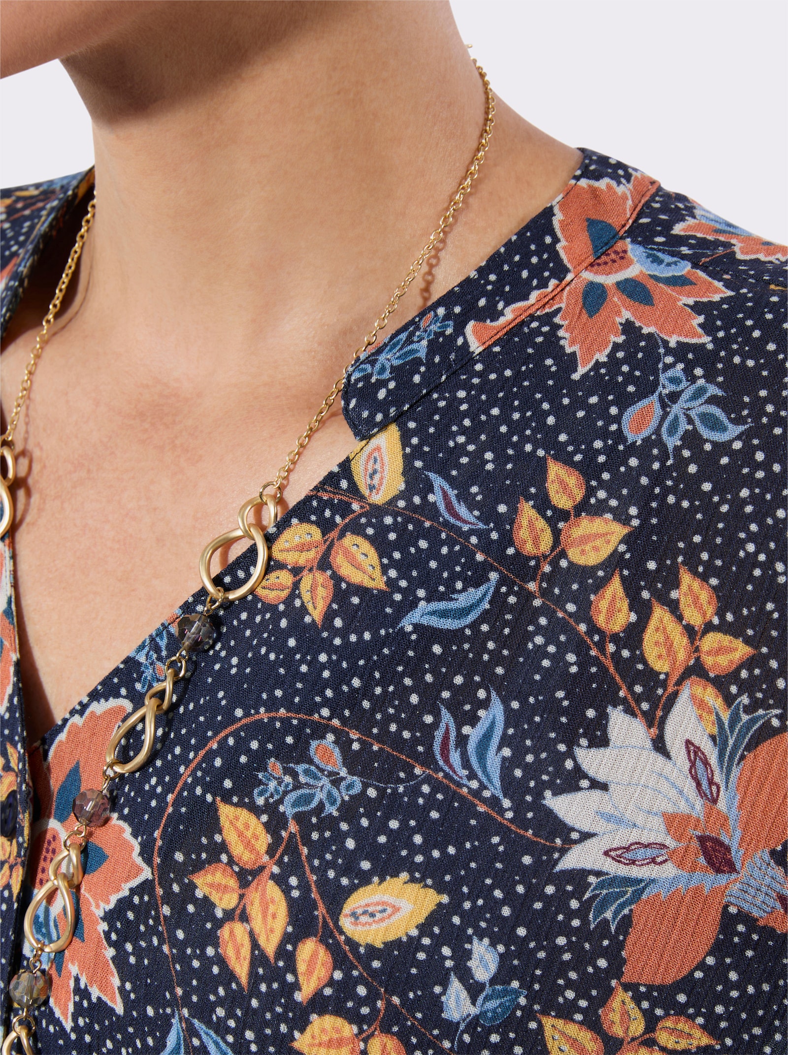 Kurzarmbluse in strukturierter Qualität - marine-gelb-bedruckt