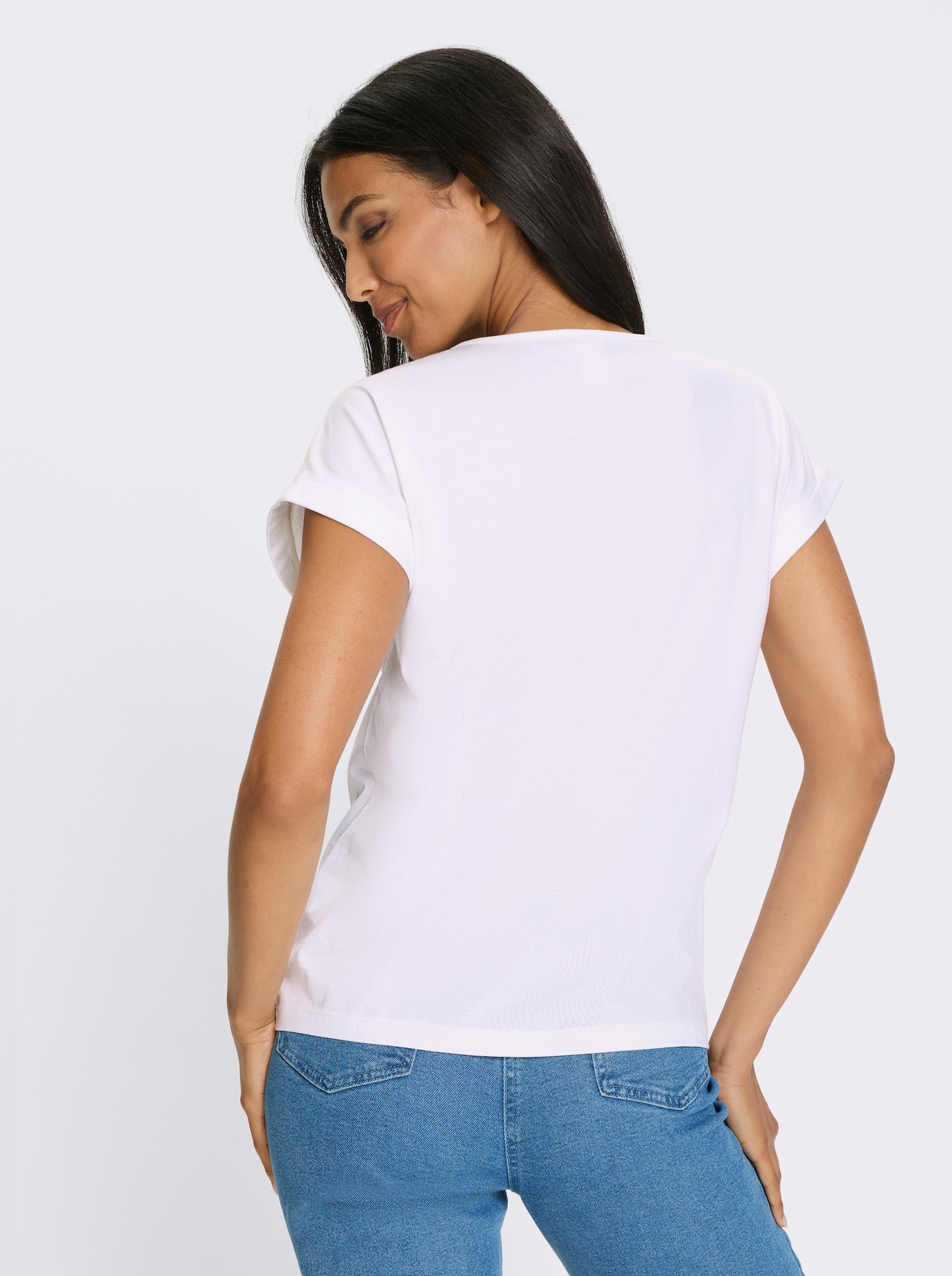 Kurzarmshirt mit Glitzer- und Folien-Print - weiß-jeansblau