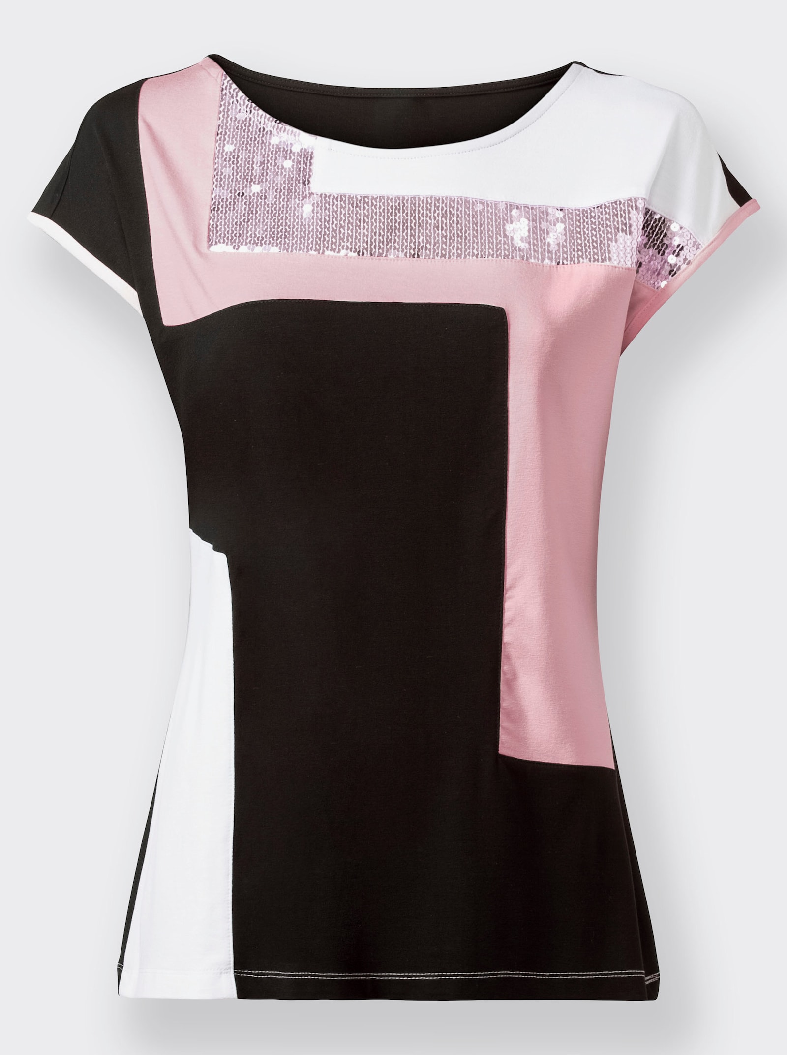 Shirt met ronde hals en pailletten voor - zwart/wit gedessineerd