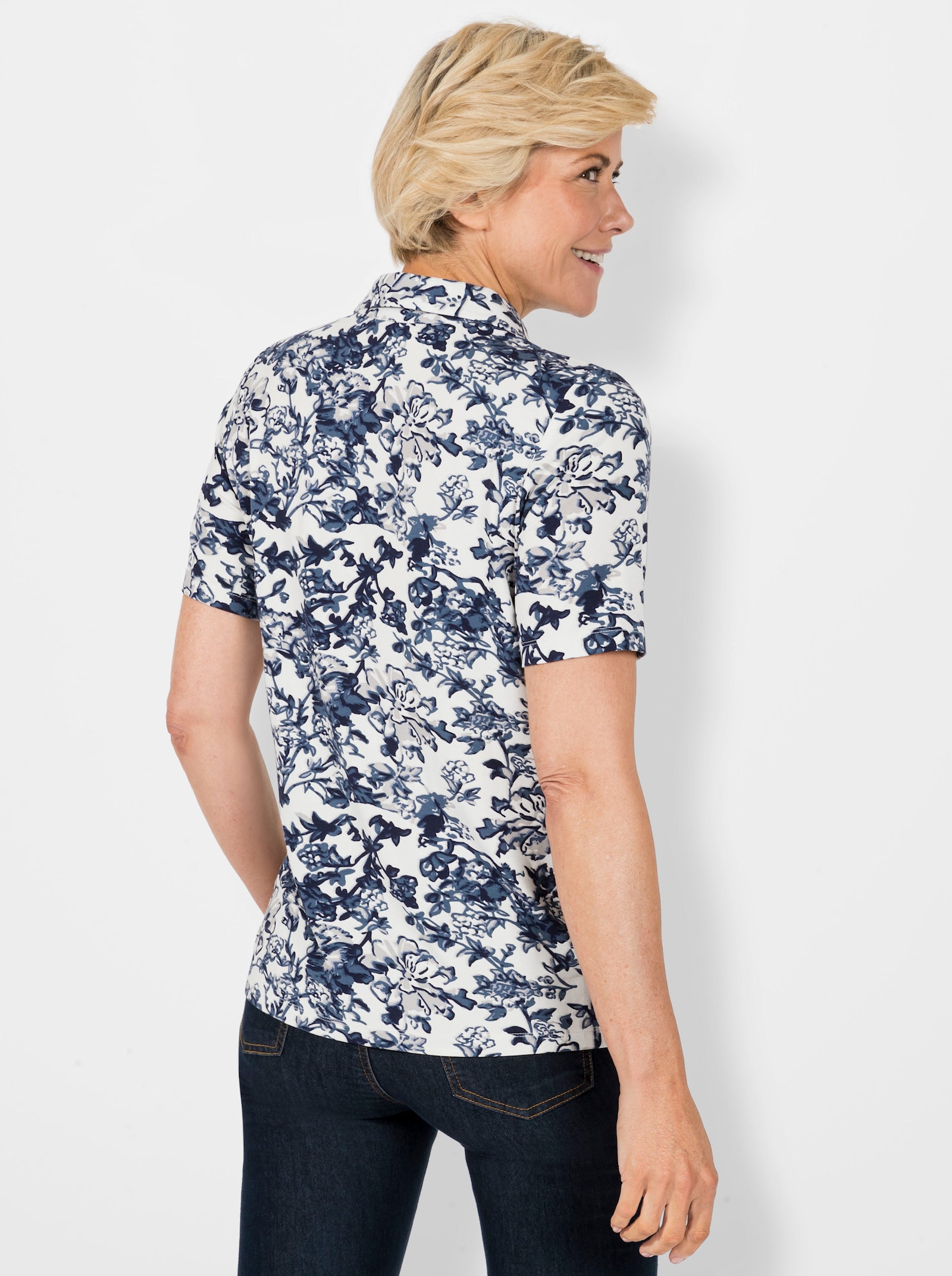 Kurzarmshirt mit kurzem Reissverschluss - taubenblau-weiss-bedruckt