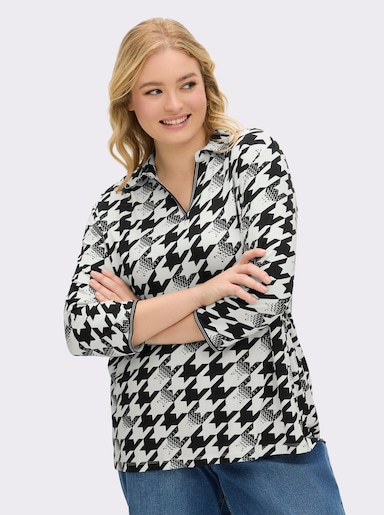 Poloshirt mit 3/4-Ärmeln - schwarz-ecru-bedruckt