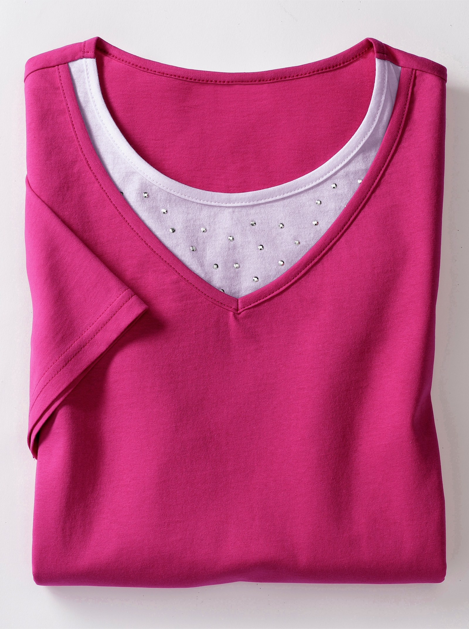 Kurzarmshirt mit Ziersteinchen - fuchsia