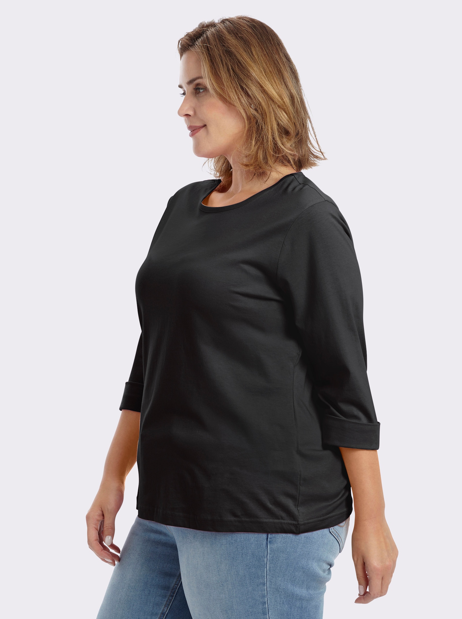 Rundhalsshirt mit 3/4-langen Ärmeln - schwarz