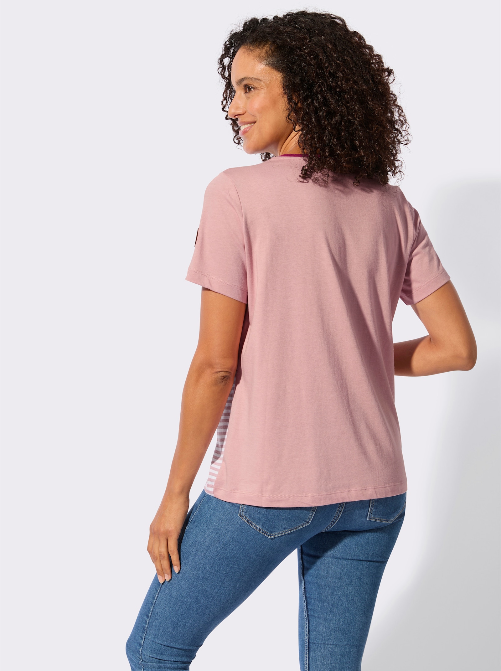 Rundhalsshirt mit Schriftzug und Streifen-Print - hortensie-erika-bedruckt