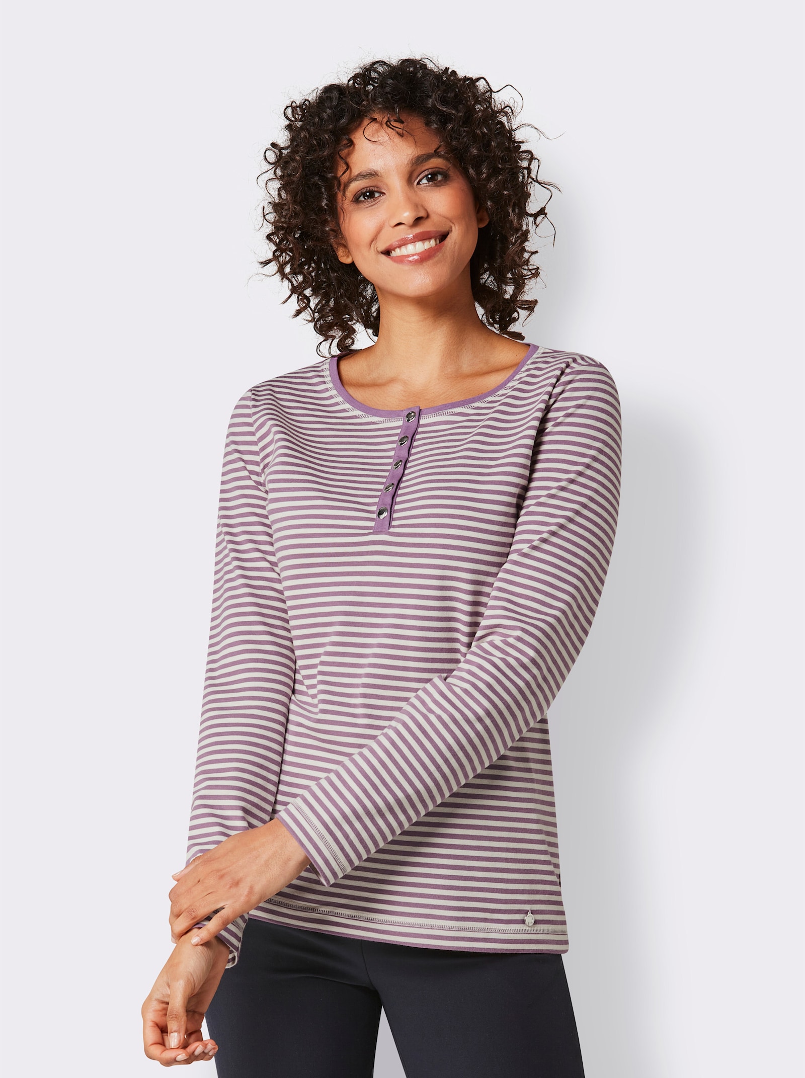 CREATION L PREMIUM Rundhalsshirt im Ringel-Dessin - violett-ecru-geringelt