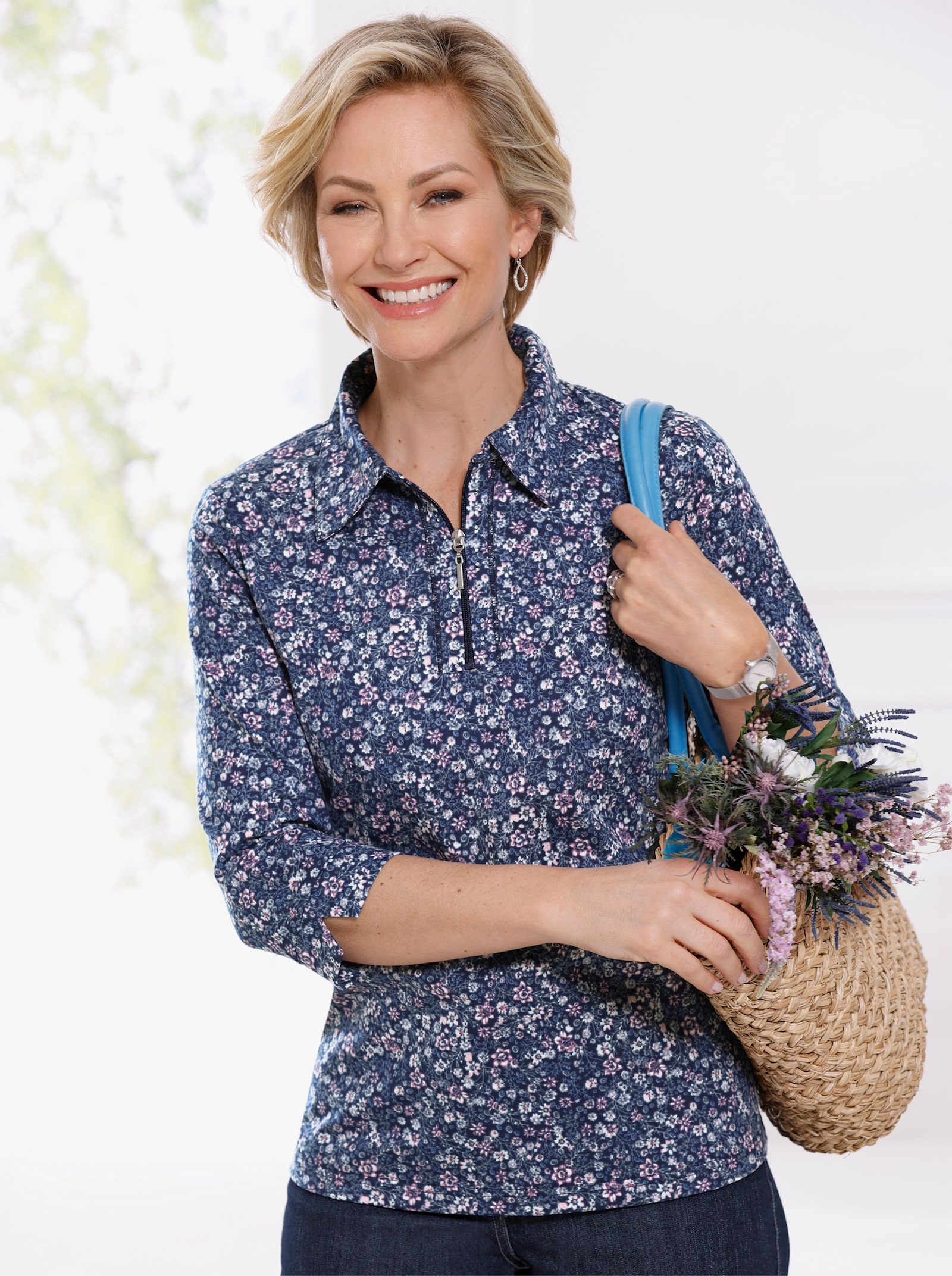 Poloshirt met bloemdessin - marine/hortensia bedrukt