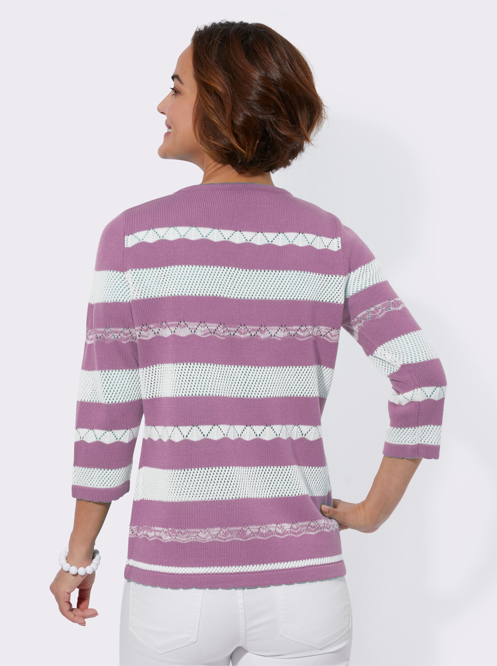 Ajourpullover mit gebogten Kanten - orchidee-ecru-gemustert