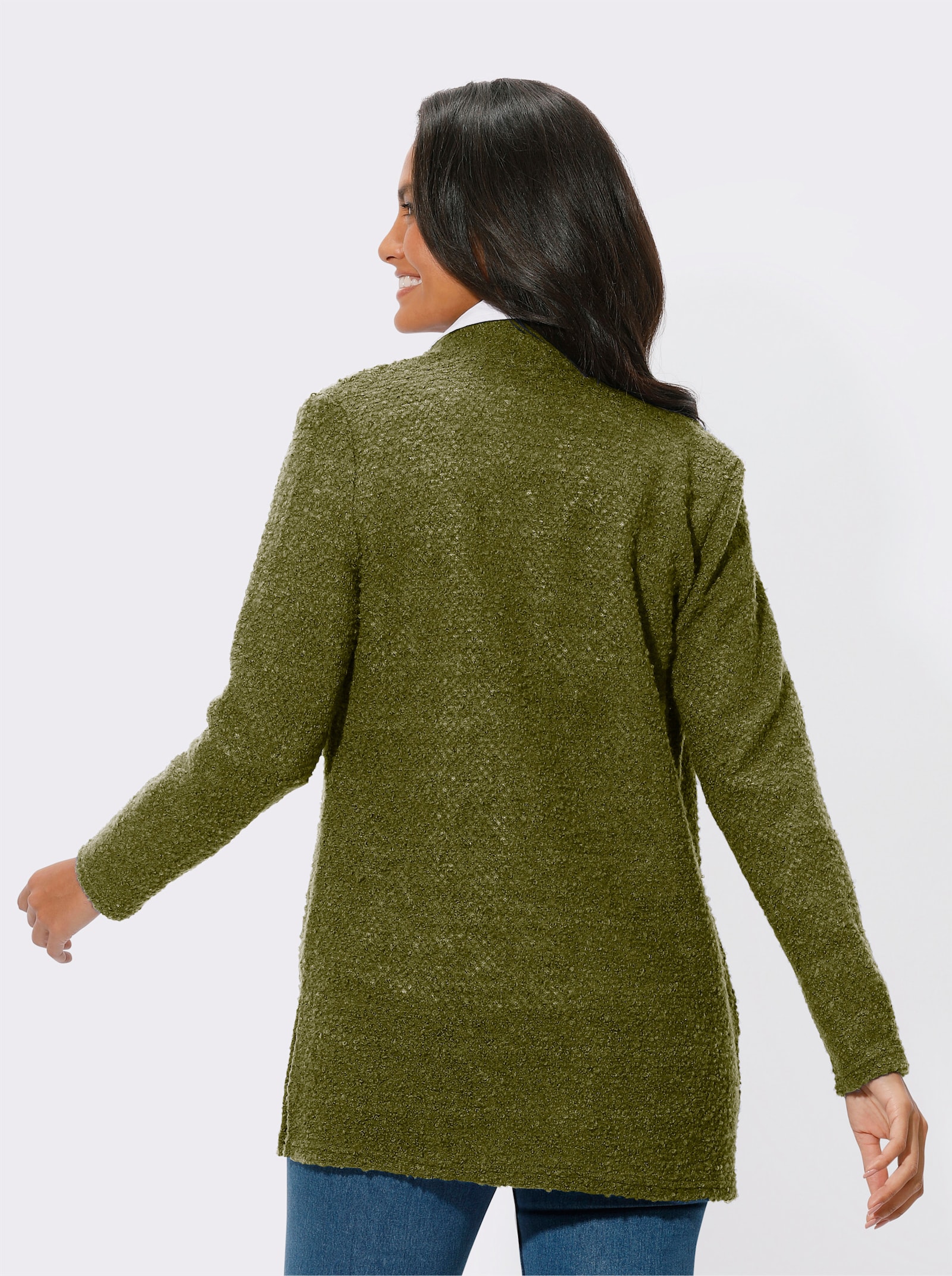 Lang vest met sjaalkraag, bouclé - olijf gemêleerd