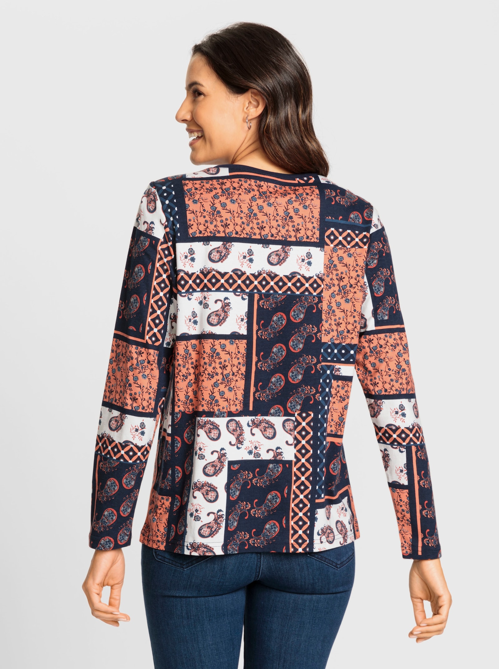 Langarmshirt im Patchwork-Dessin - rostrot-bedruckt