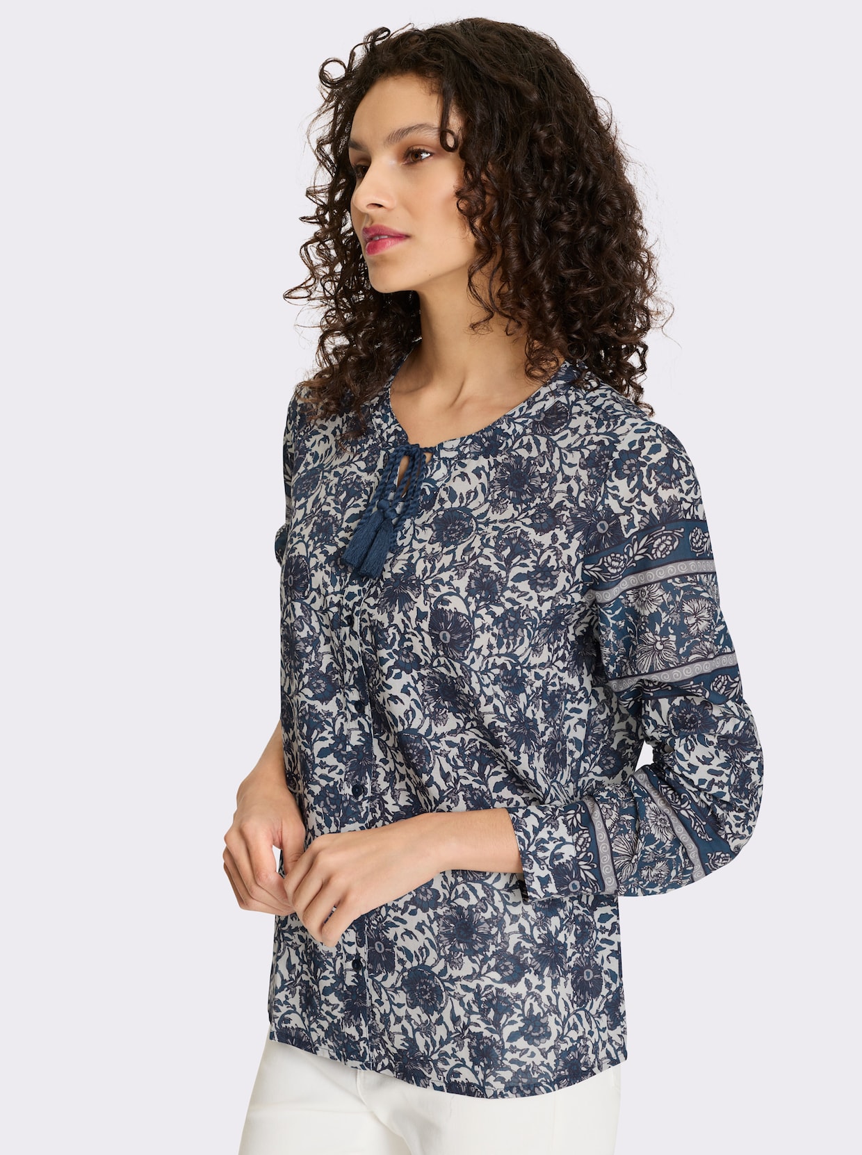 heine Druckbluse - champagner-dunkelblau-bedruckt