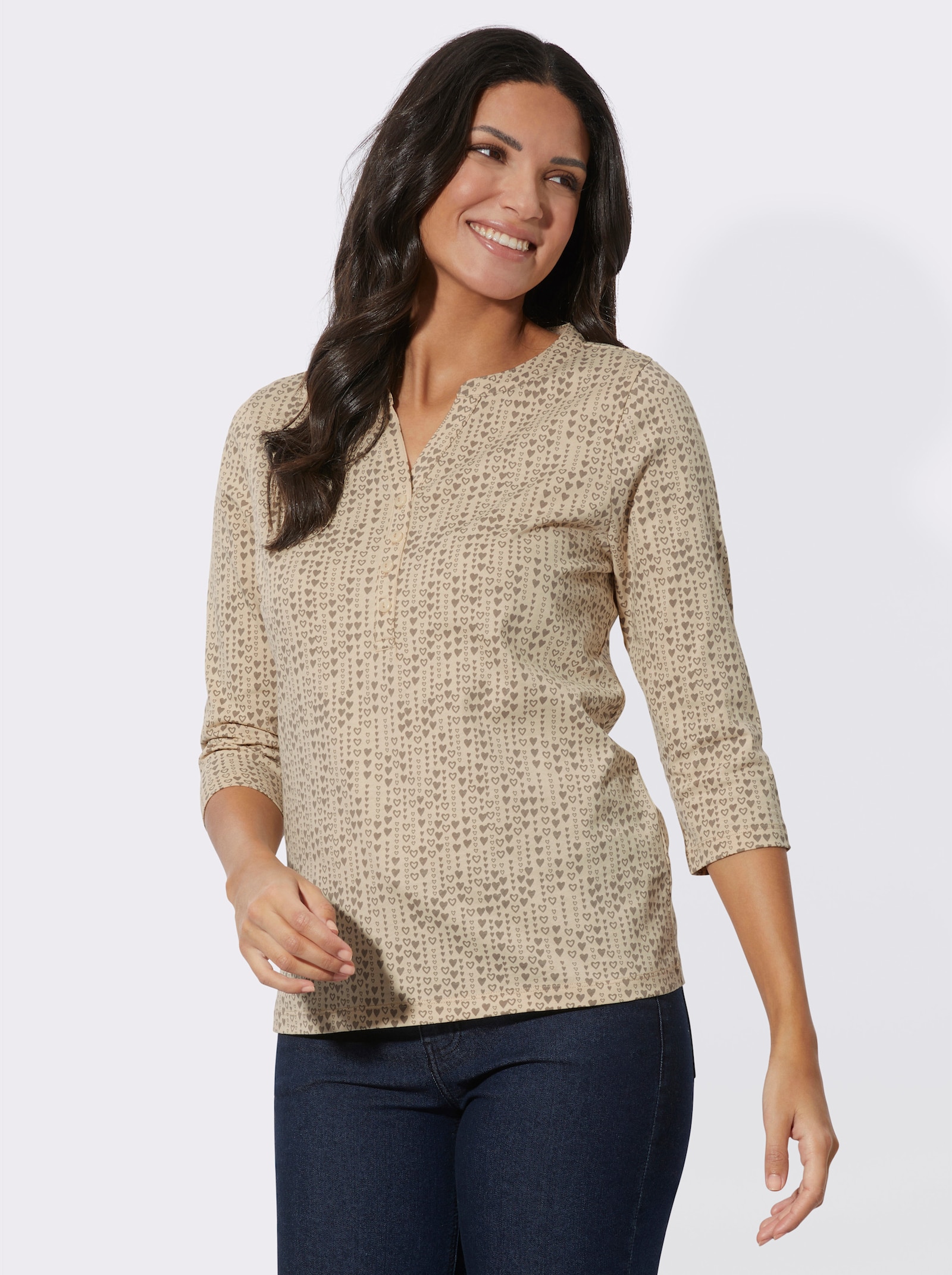 Shirt met 3/4-mouwen en hartjespatroon - zand/taupe geprint