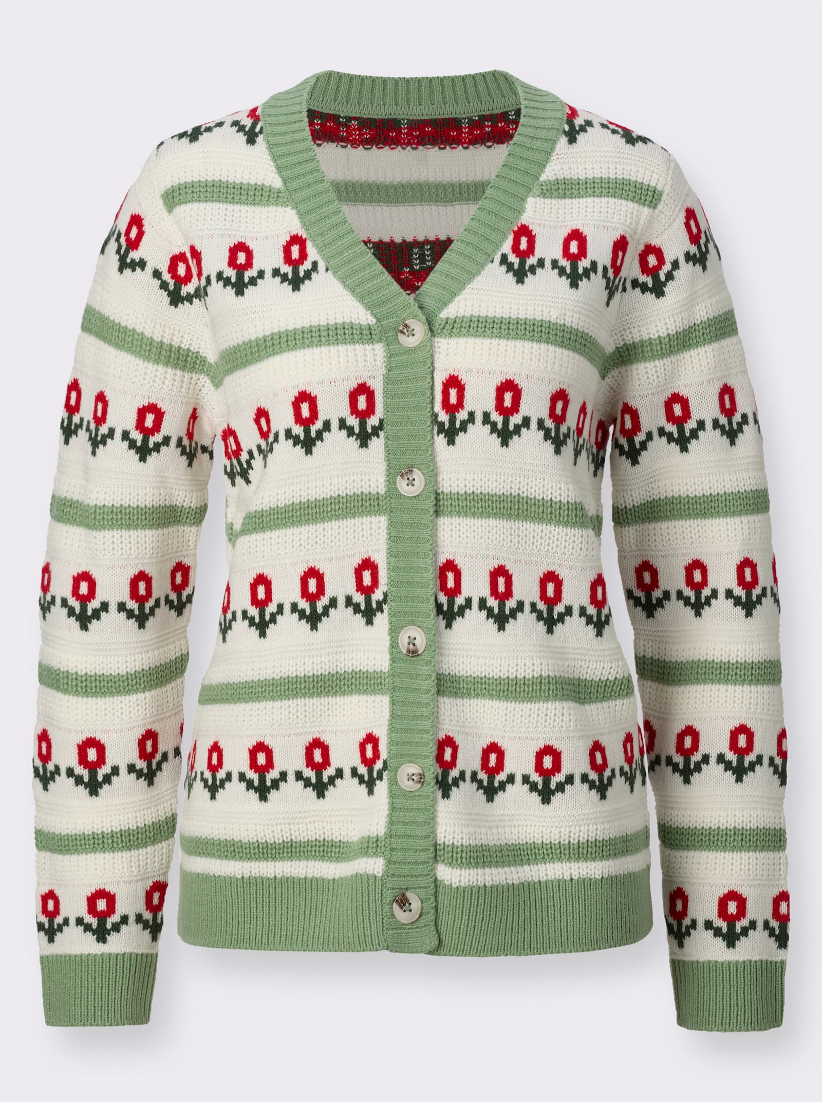 Pletený kabátek s proužkovaným a květinovým vzorem - šampaňská-eukalyptová-vzor