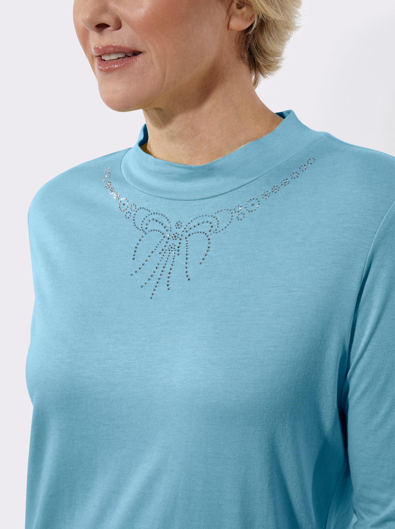 Stehkragenshirt mit Glitzersteinchen - aqua