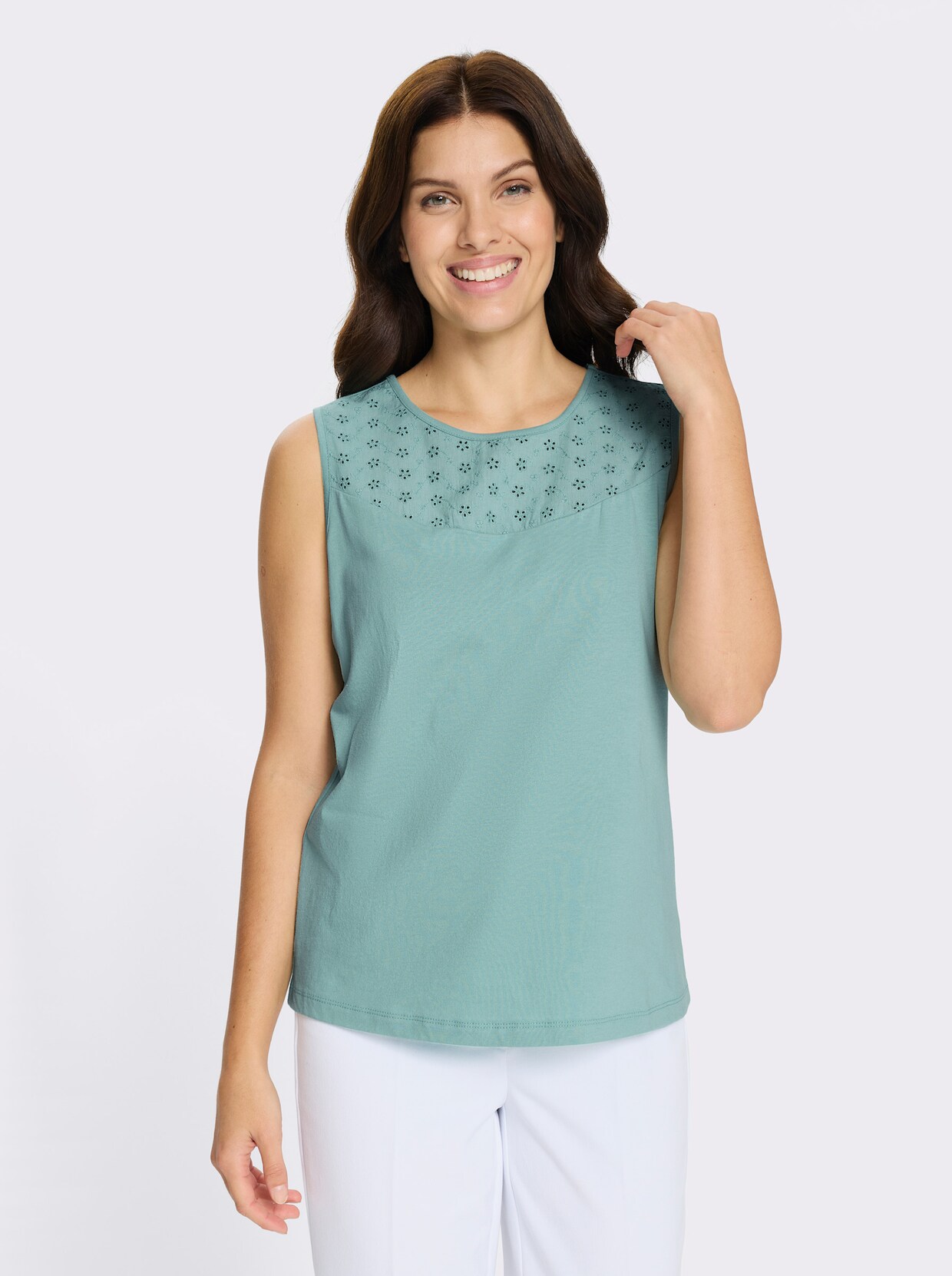 Shirttop mit Lochstickerei - salbei