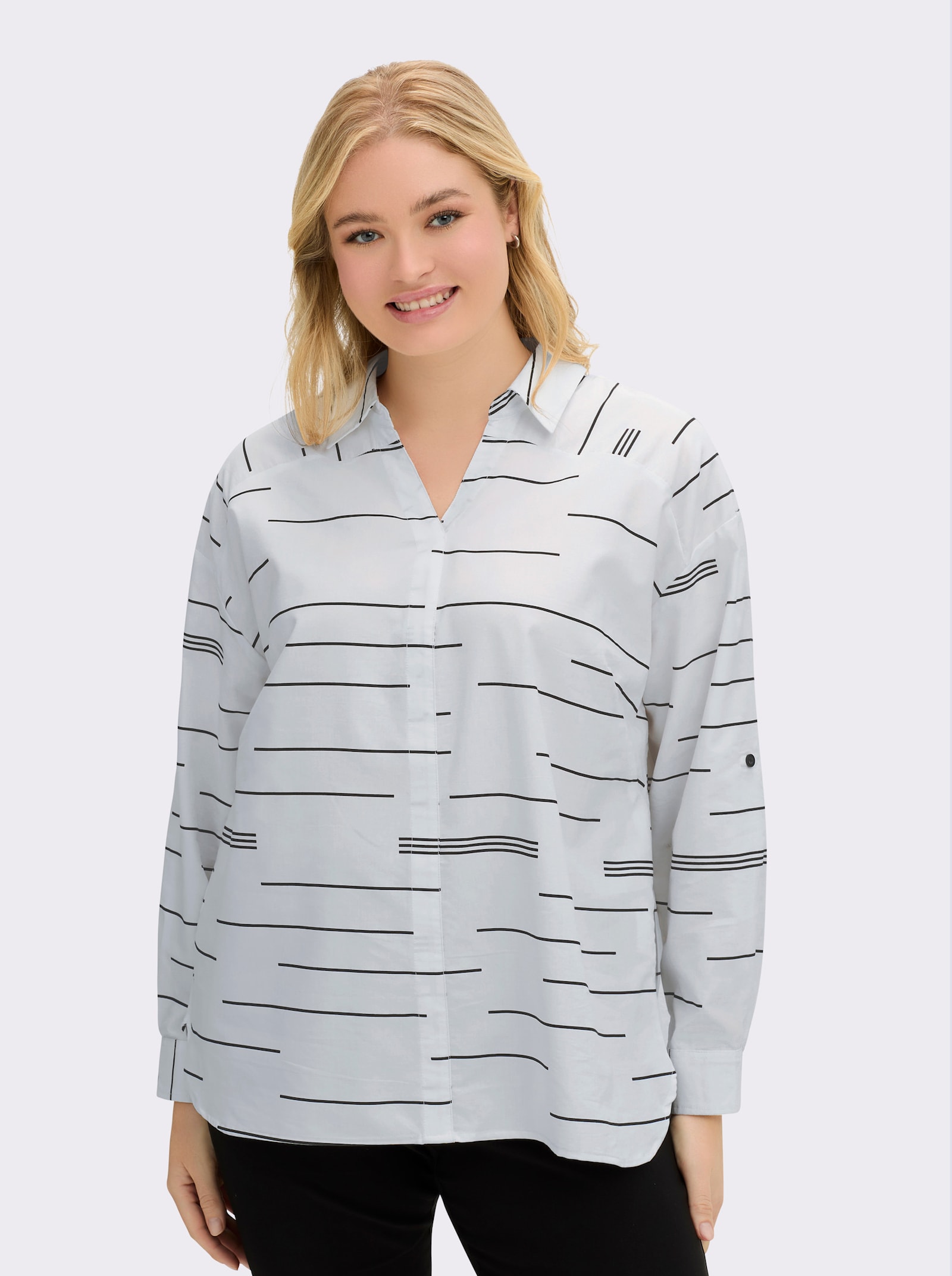 Schlupf-Bluse mit verlängertem Rückenteil - ecru-schwarz-bedruckt