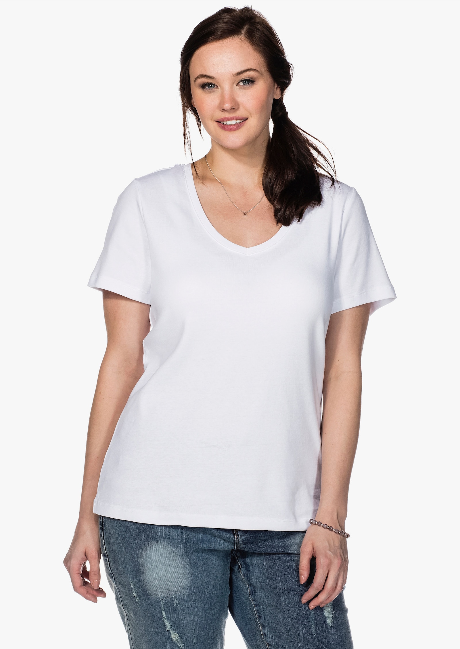 sheego T-shirt met V-hals, ribmateriaal - wit