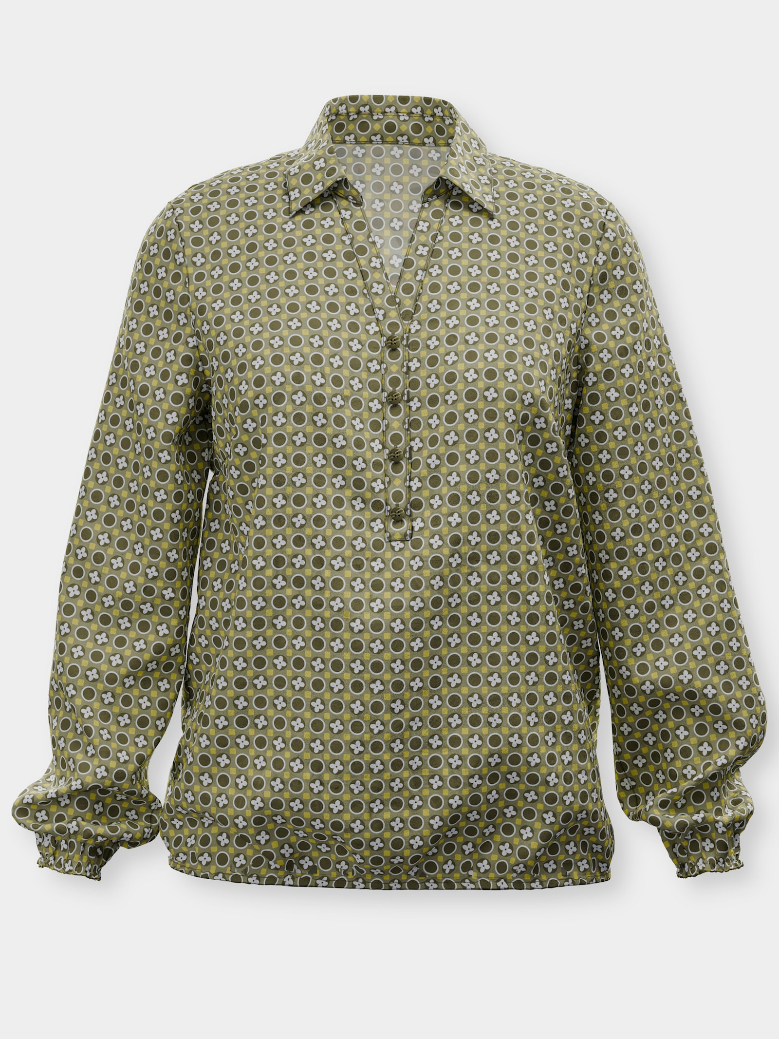 Schlupfbluse mit Gummibündchen - oliv-schilf-bedruckt