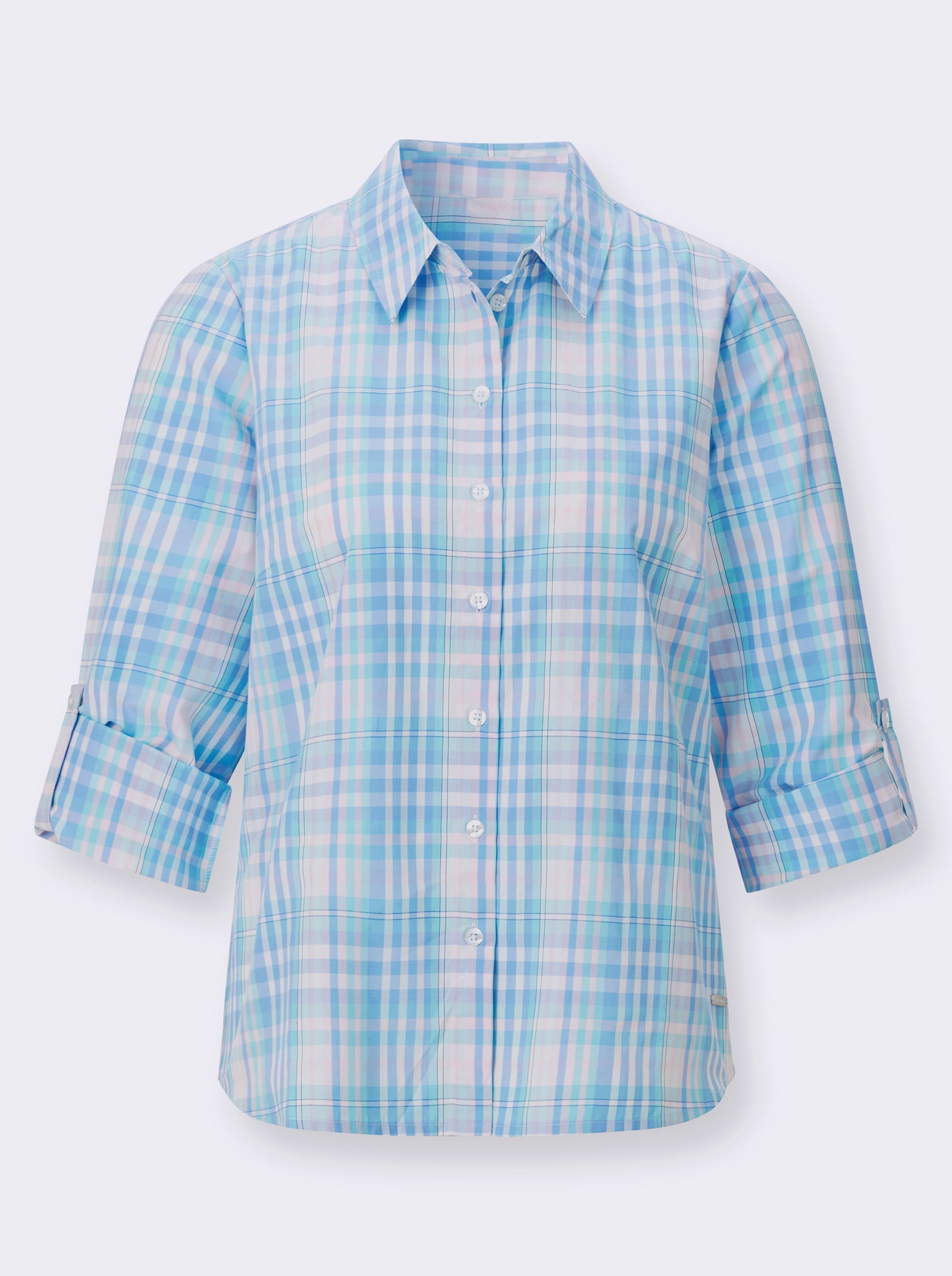 Karobluse mit Hemdkragen - hellrosé-eisblau-kariert