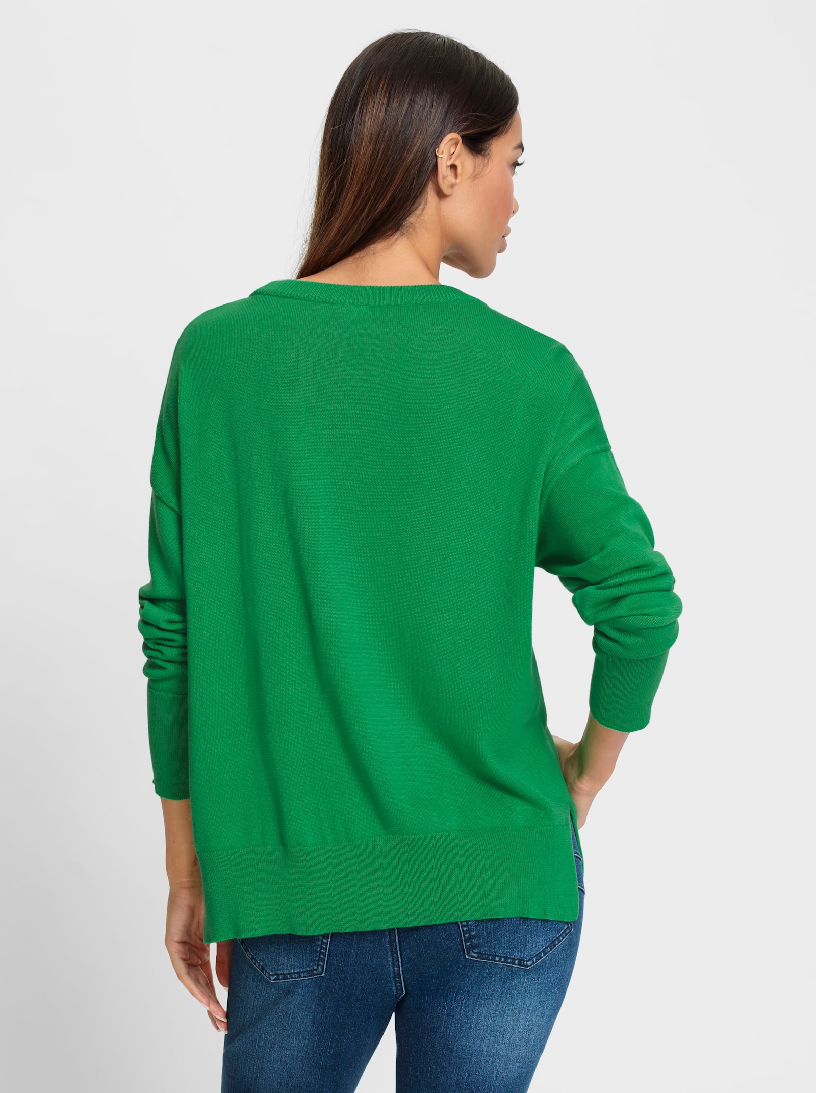 heine Pullover van fijntricot met opschrift - grasgroen/oudroze gedessineerd