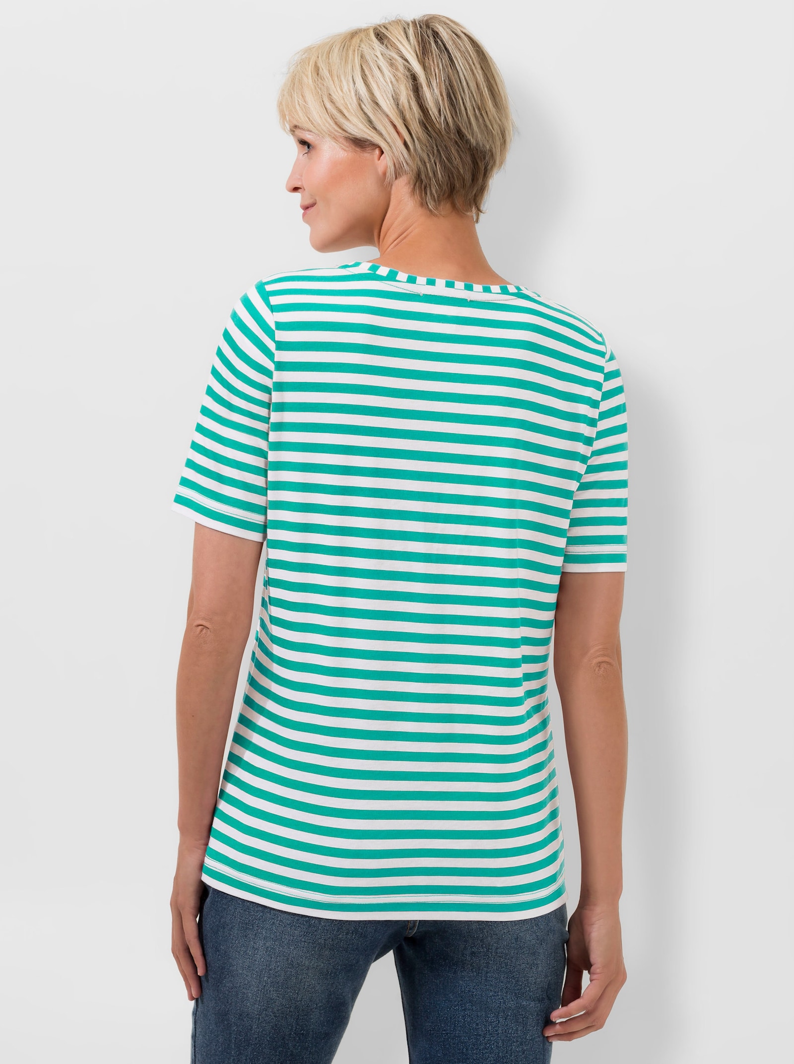 Rundhalsshirt mit Ziersteinchen - smaragd-gestreift