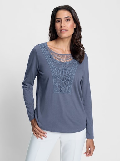 Spitzenshirt abgerundeter Saum - rauchblau