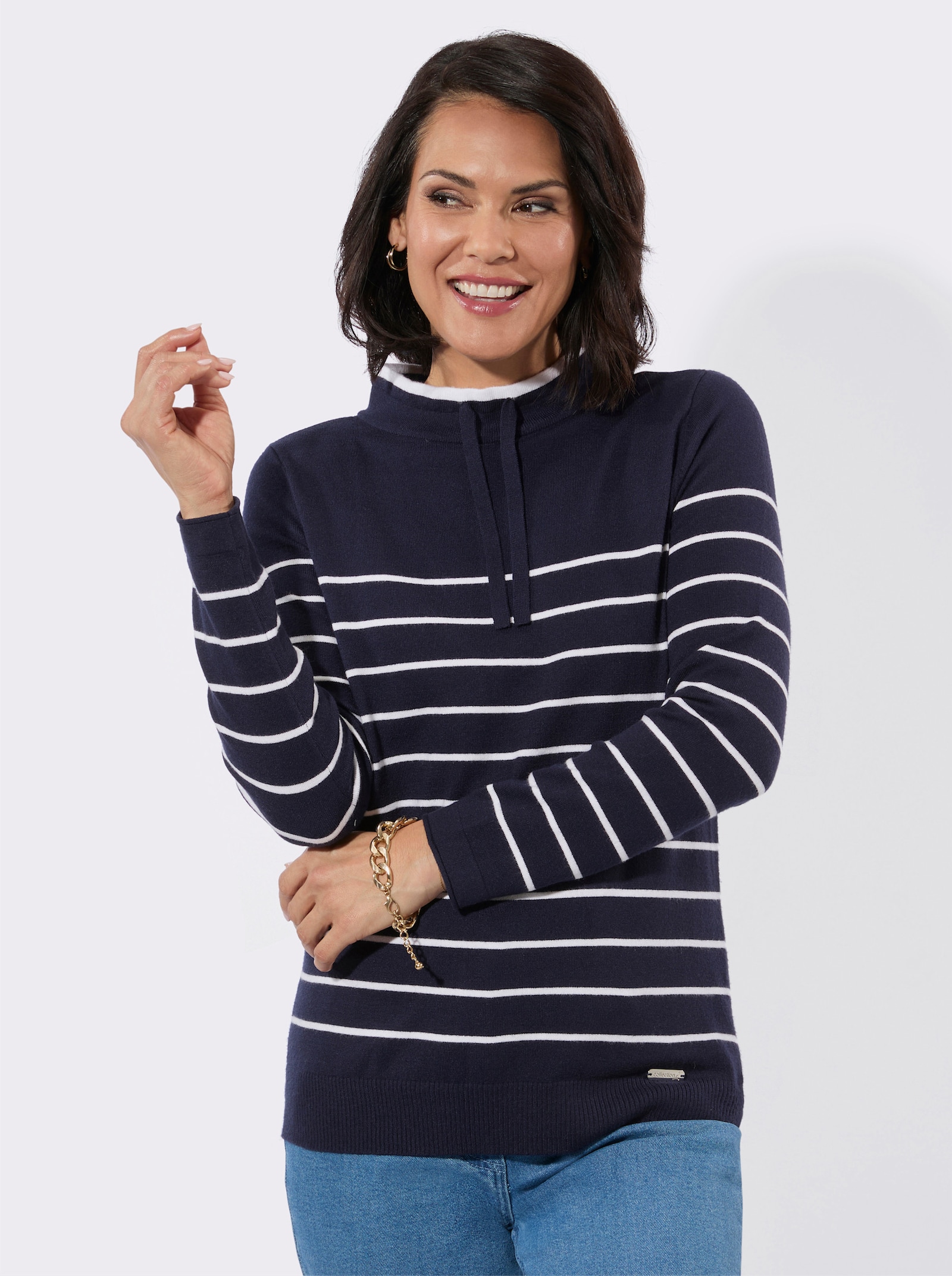 Stehkragenpullover mit sportiven Details - marine-ecru-geringelt