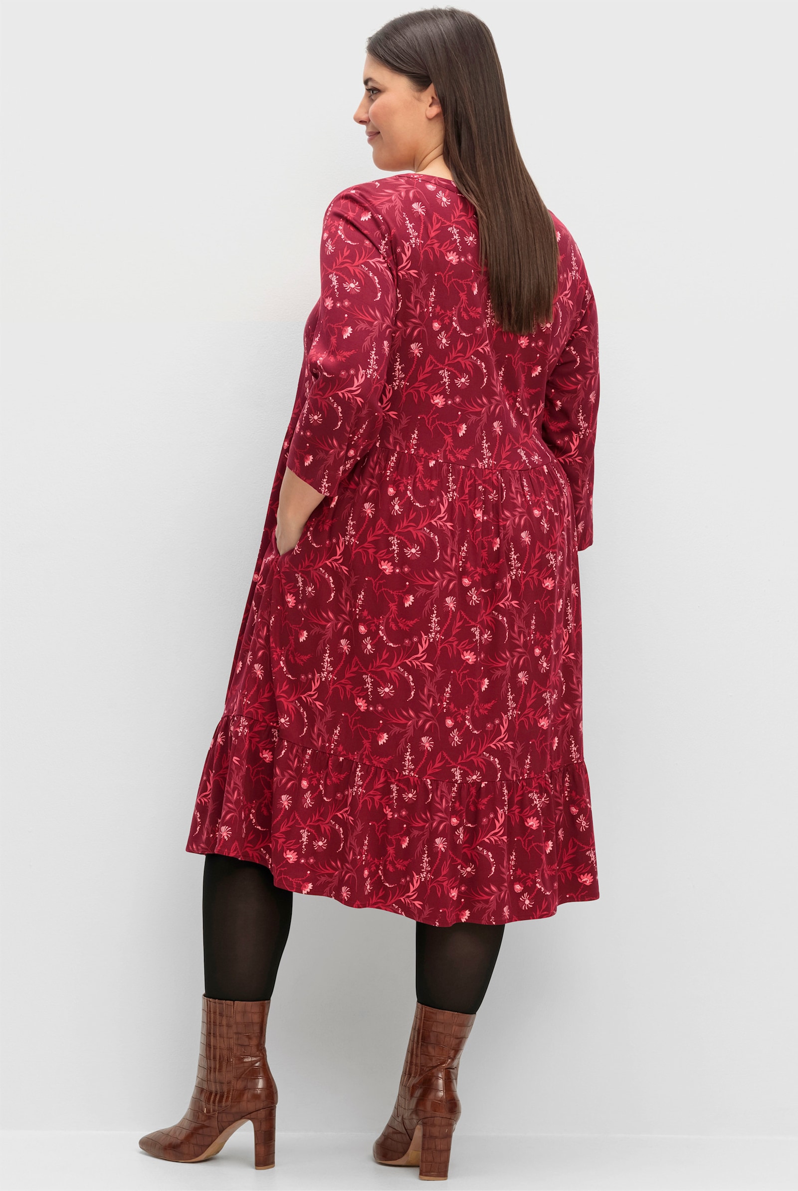 sheego A-Linien-Kleid mit 3/4-Ärmeln - dunkelrot-gemustert