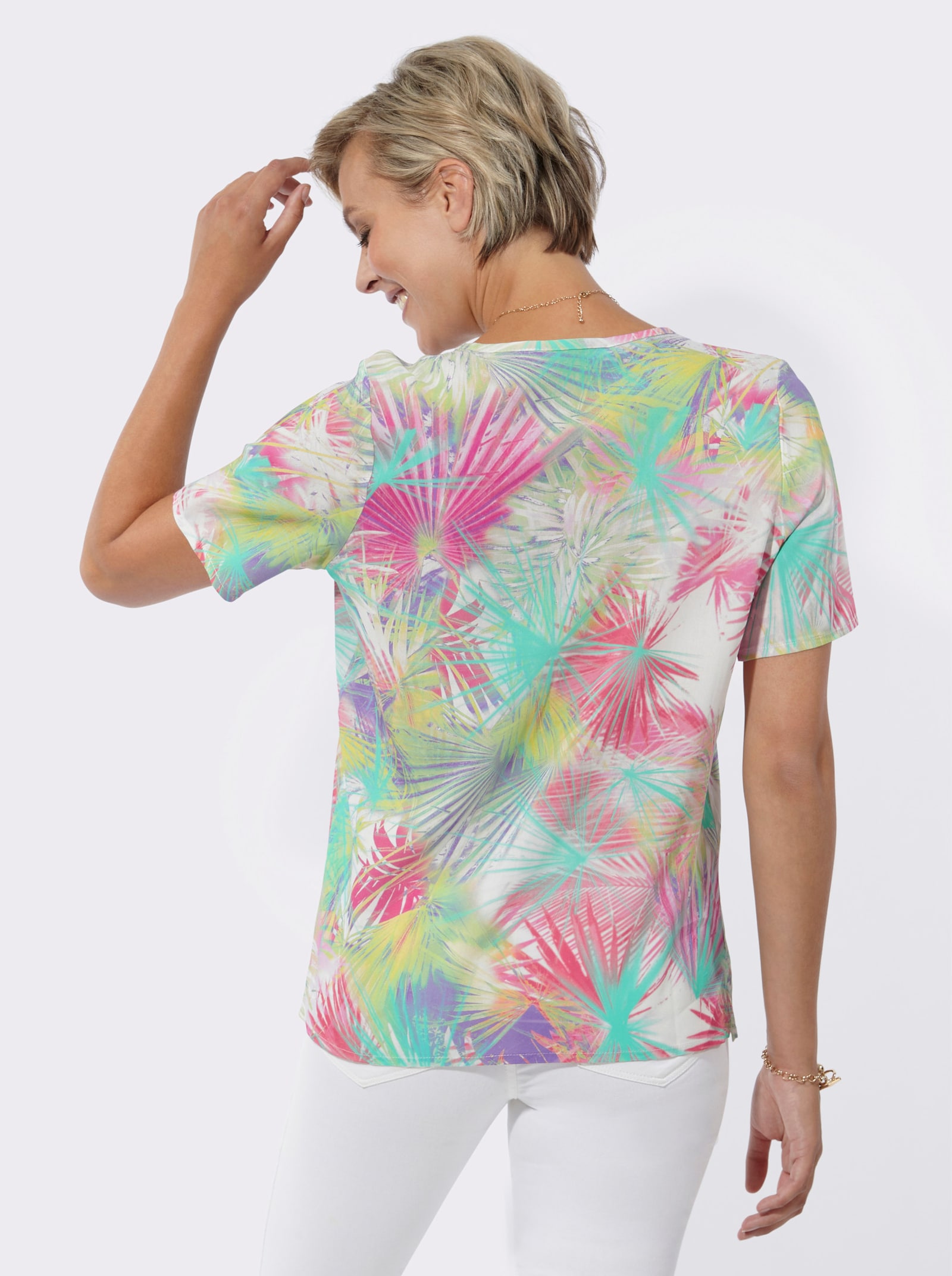 Schlupfbluse mit Kellerfalte - ozean-fuchsia-bedruckt