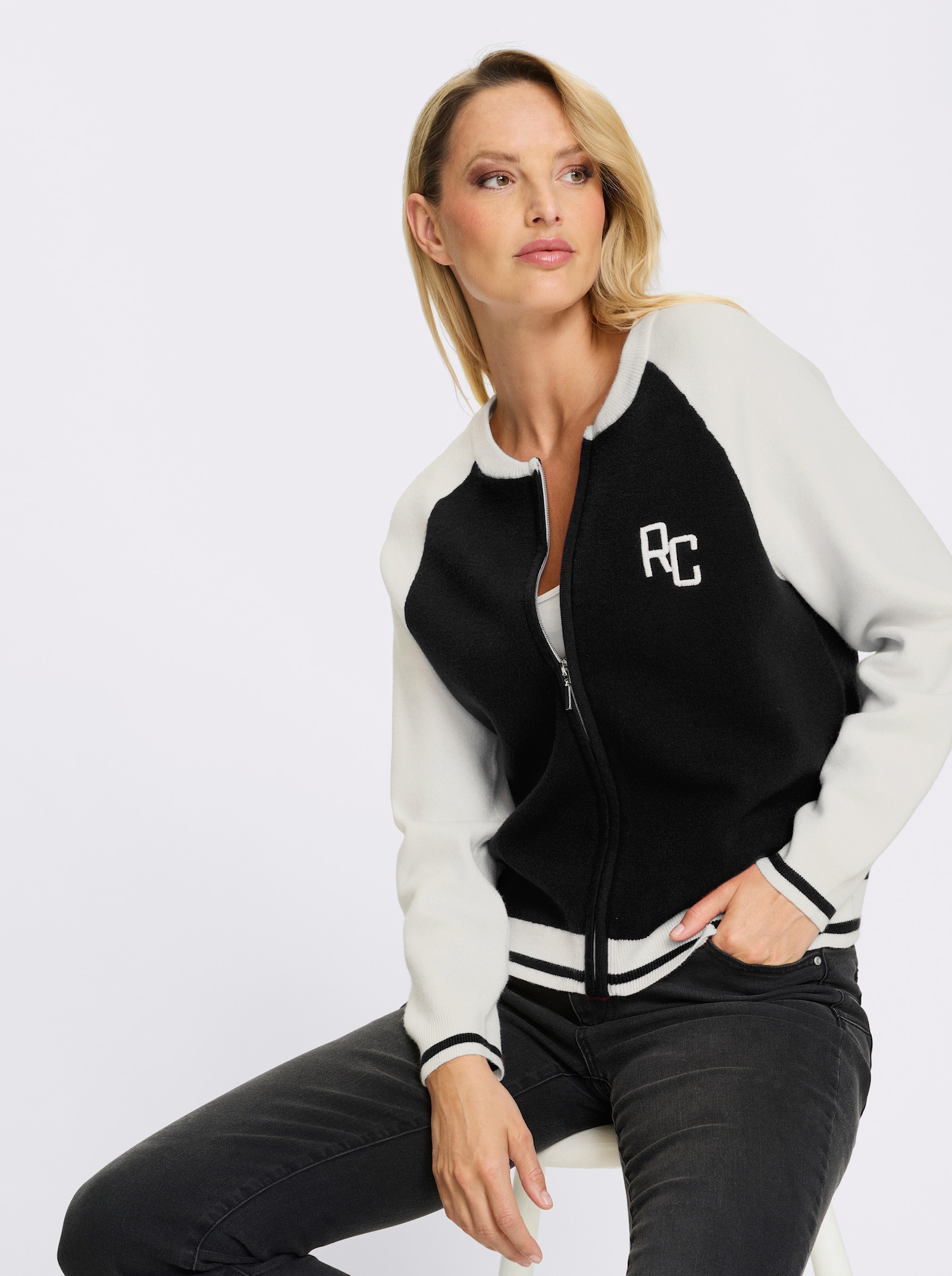 heine Veste blouson en tricot fin - noir-écru