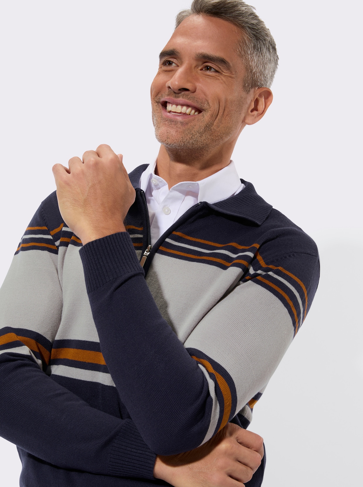 Svetr s límečkem s proužkovaným vzorem - námořnická modrá-kamenná šedá