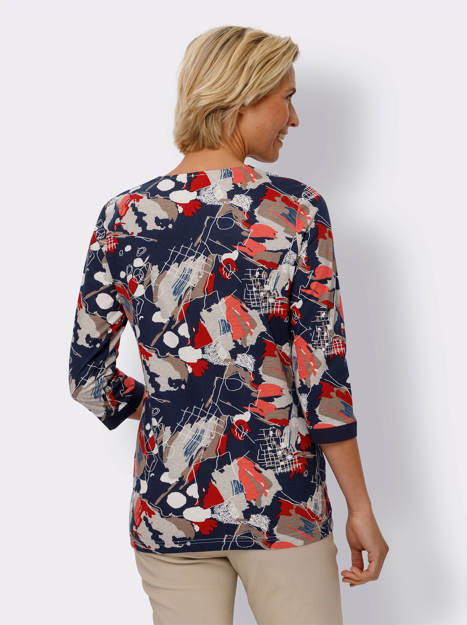 2-in-1-Shirt mit 3/4-Ärmeln - marine-koralle-bedruckt