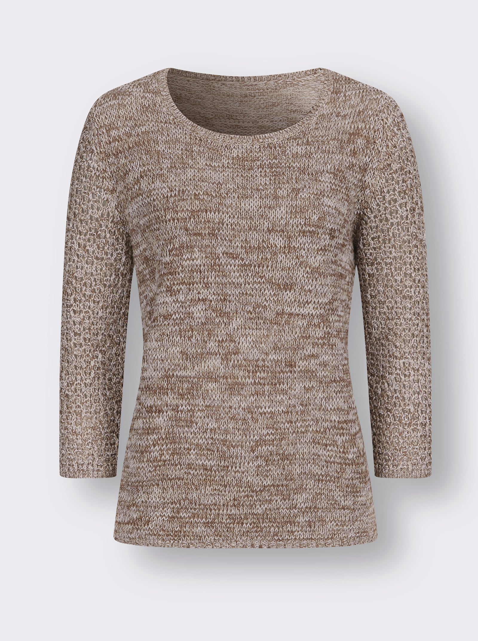 Rundhalspullover mit Ajour-Partien - braun-zitrone-meliert