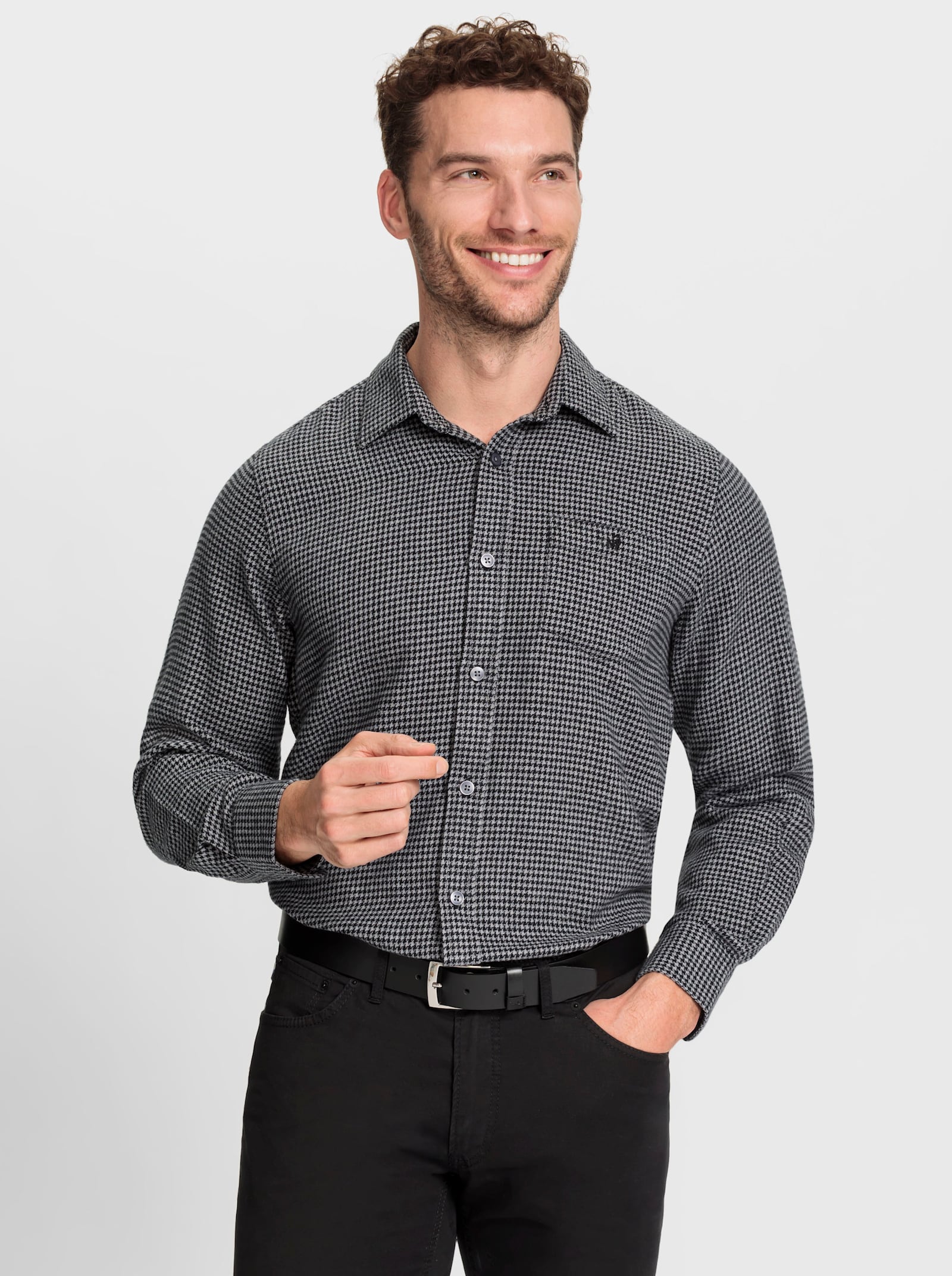 Marco Donati Flanellhemd mit wärmender Wolle - steingrau-schwarz-gemustert